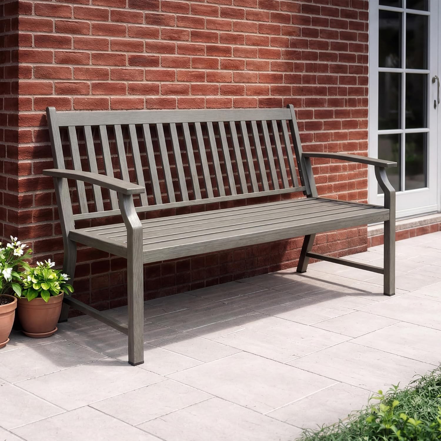 UDPATIO Gartenbank Metall in Holzoptik,Wetterfeste Sitzbank Outdoor, Bank 2–3 Sitzer für Balkon & Garten,Balkonmöbel mit Rücken & Armlehnen,Grau