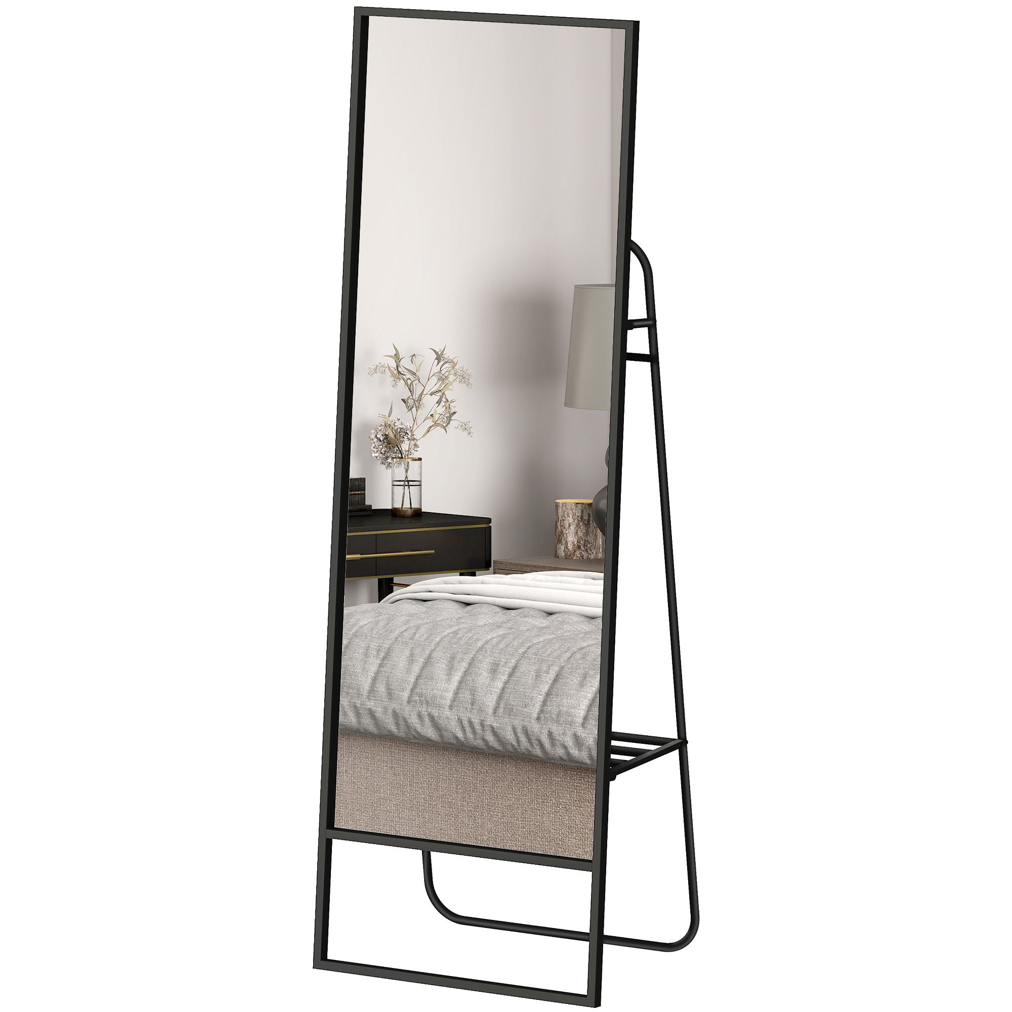HOMCOM Ganzkörperspiegel, industrielles Design, hinteres Regal, 2 Haken, Metallrahmen, für Schlafzimmer, 157 x 50 cm, Schwarz