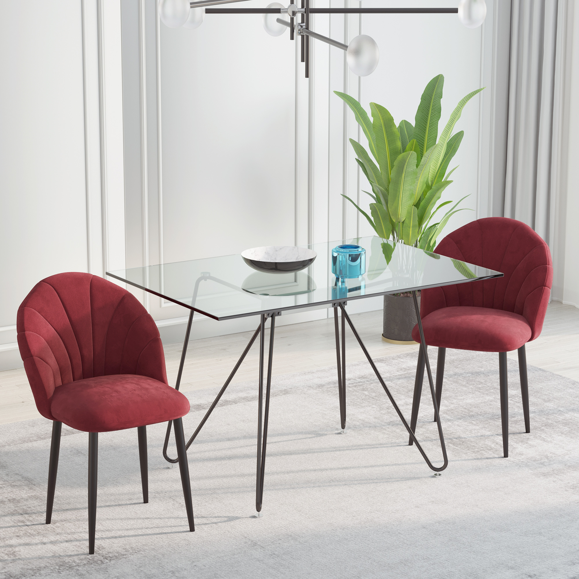HOMCOM Set mit 2 Esszimmerstühlen Küchenstuhl aus Samt Bordeaux Metallbeine Schwarz Maße 52L x 54B x 79H cm