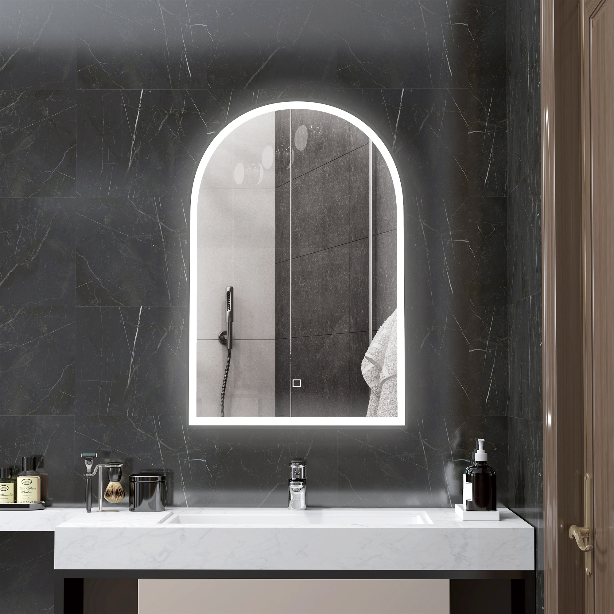 HOMCOM LED Badezimmerspiegel 90 x 60 cm, Wandmontage, 3 Farben, Bogenform, Aluminiumrahmen, Antibeschlag und Touchschalter