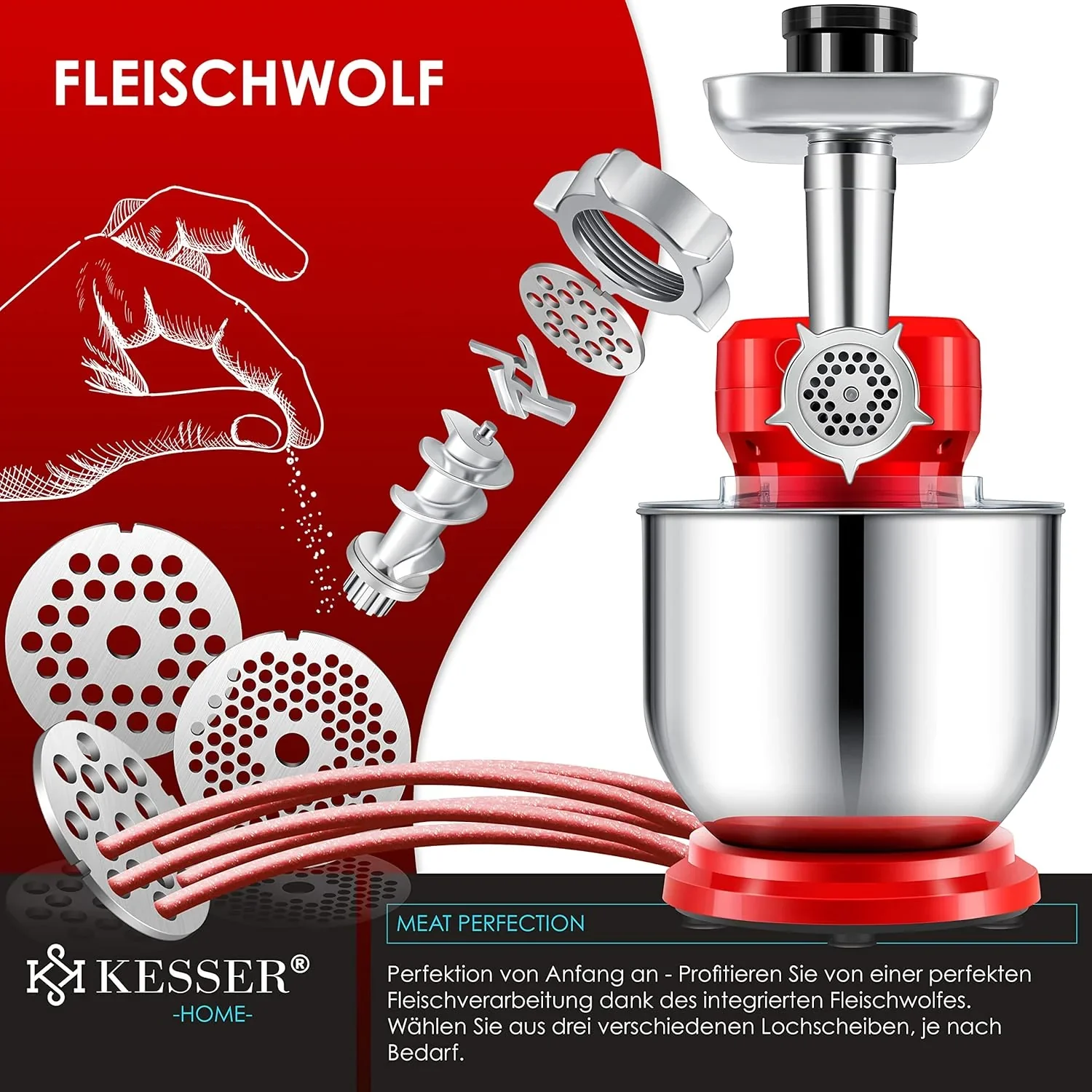 KESSER? 3 in 1 Universal K��chenmaschine K-KM 3000 mit Fleischwolf Knetmaschine Multifunktionale R��hrmaschine 5,5L Sch��ssel mit 3 R��hrwerkzeuge, 1,5L Entsafter, Zubeh?r-Set, Pasta & Geb?ckformen