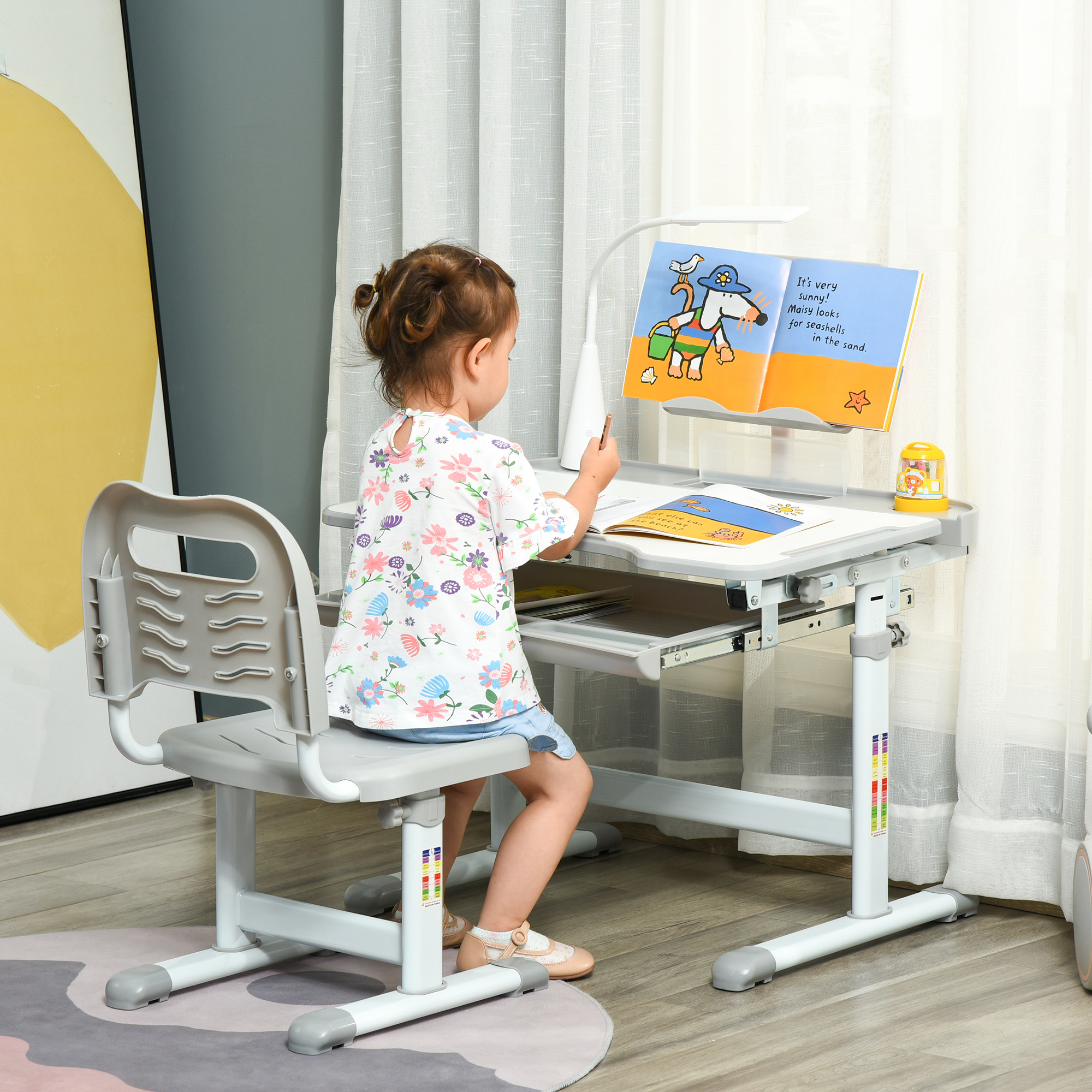 HOMCOM Kinder Schreibtisch mit Stuhl - Kinder Schreibtisch und Stuhl Set höhenverstellbar - Lampe, Leseständer, ausziehbares Tablett mit Mehrfachspeicherung - Grau Weiß