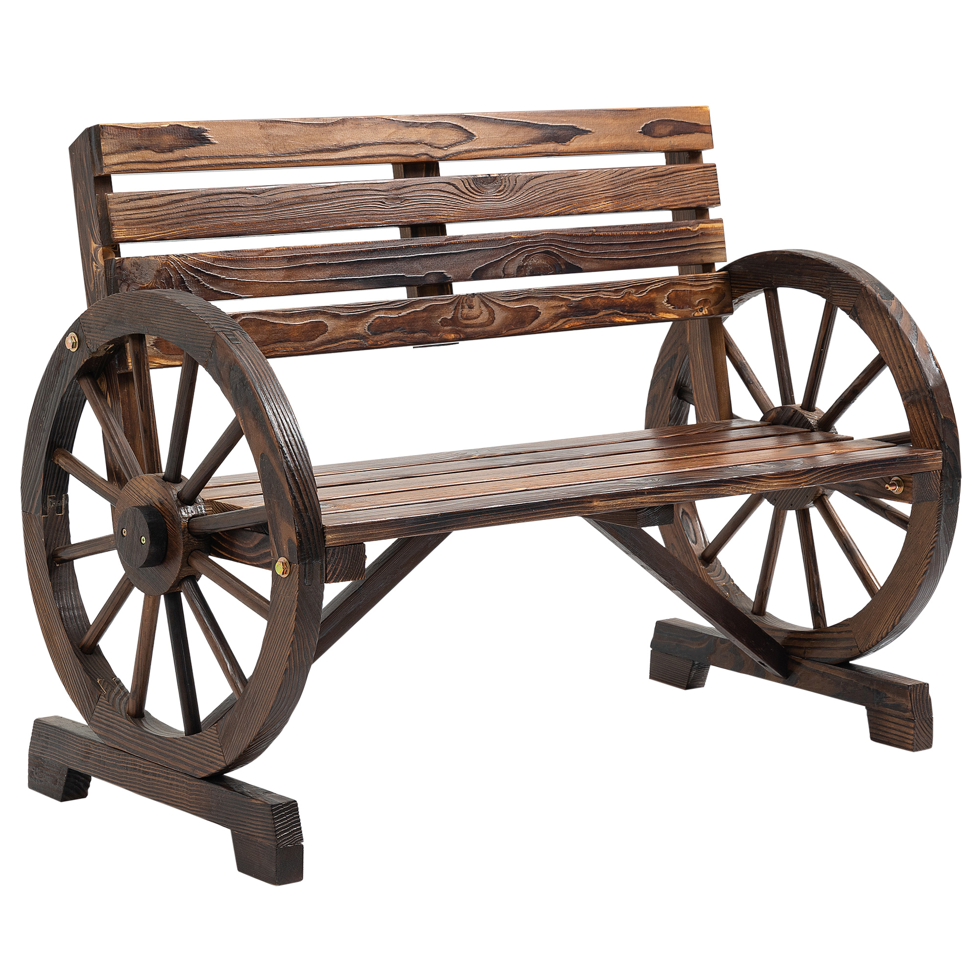 Outsunny Gartenbank, Wagenrad-Design, für 2 Personen, Naturholz, dunkelbraun, 105,5 x 56 x 79cm