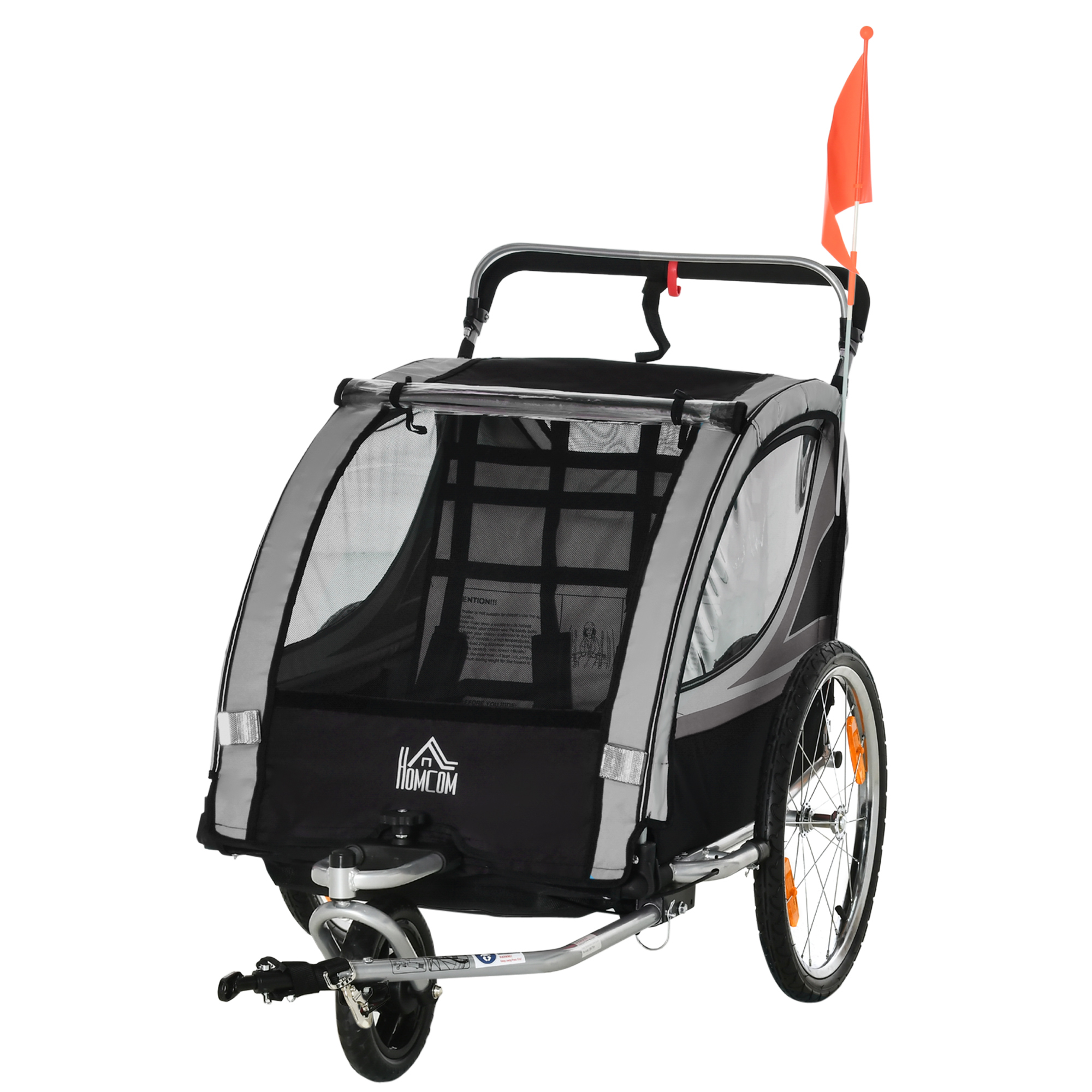 Kinderfietskar/Duwwagen met Remmen, Opvouwbaar, voor 2 Kinderen, Grijs/Zwart