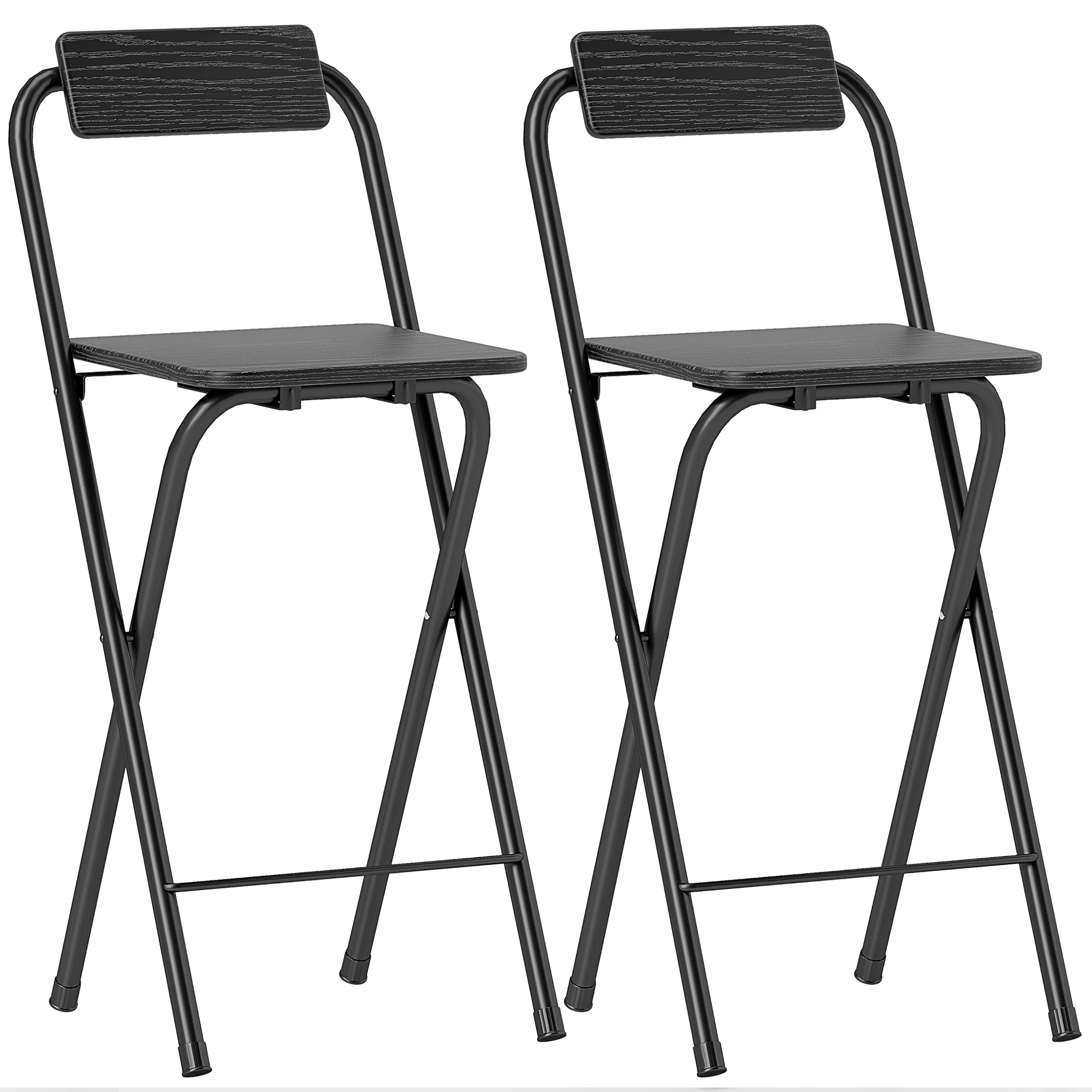 HOMCOM Set aus 2 klappbaren Barhockern mit Rückenlehne und Fußstütze, Stahlgestell, 87 cm hoch, schwarz