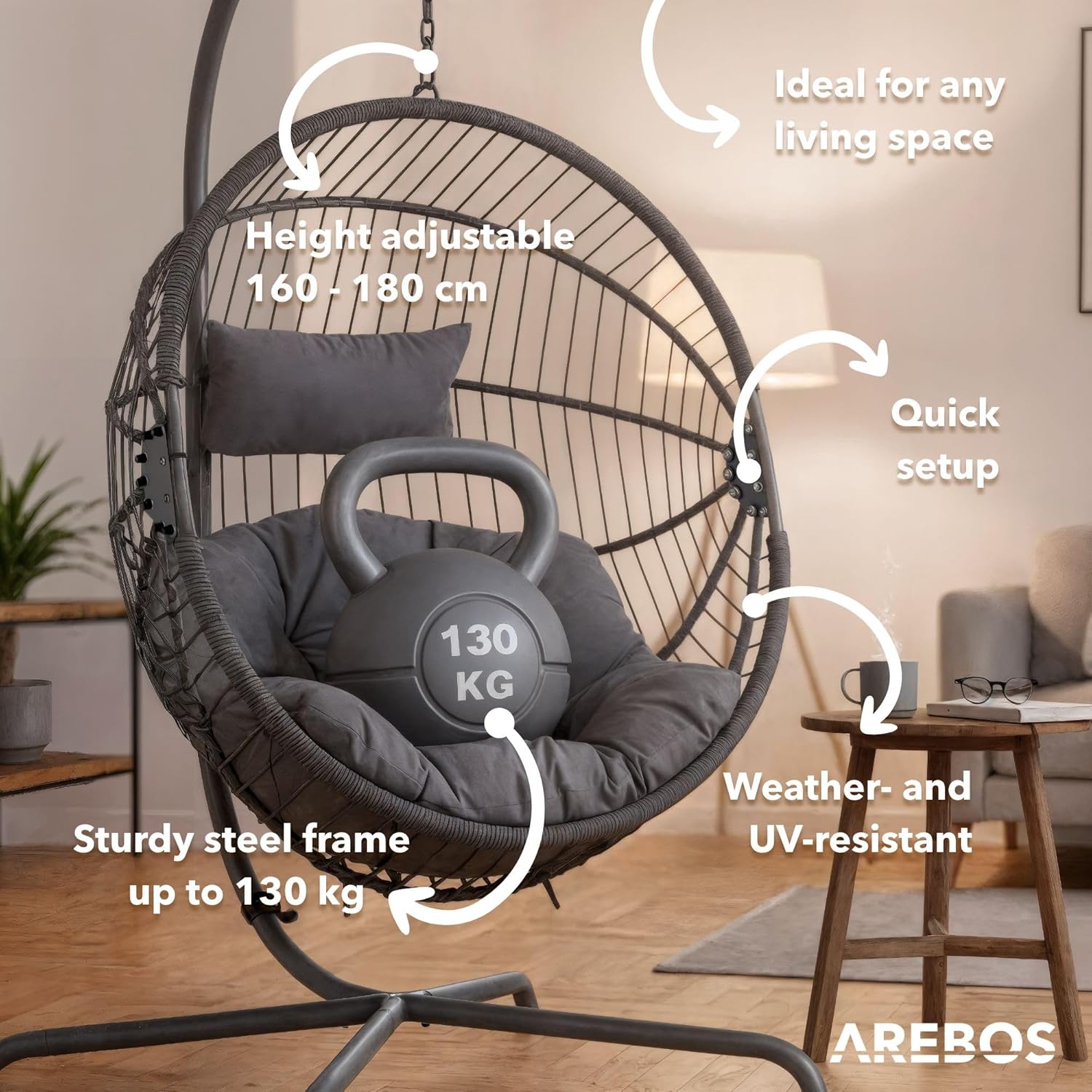 Arebos Poltrona Sospesa con Telaio | Poltrona a Uovo da Giardino e Balcone | Altezza Regolabile 160–180 cm | Telaio in Acciaio fino a 130 kg | con Cuscini Seduta e Schienale