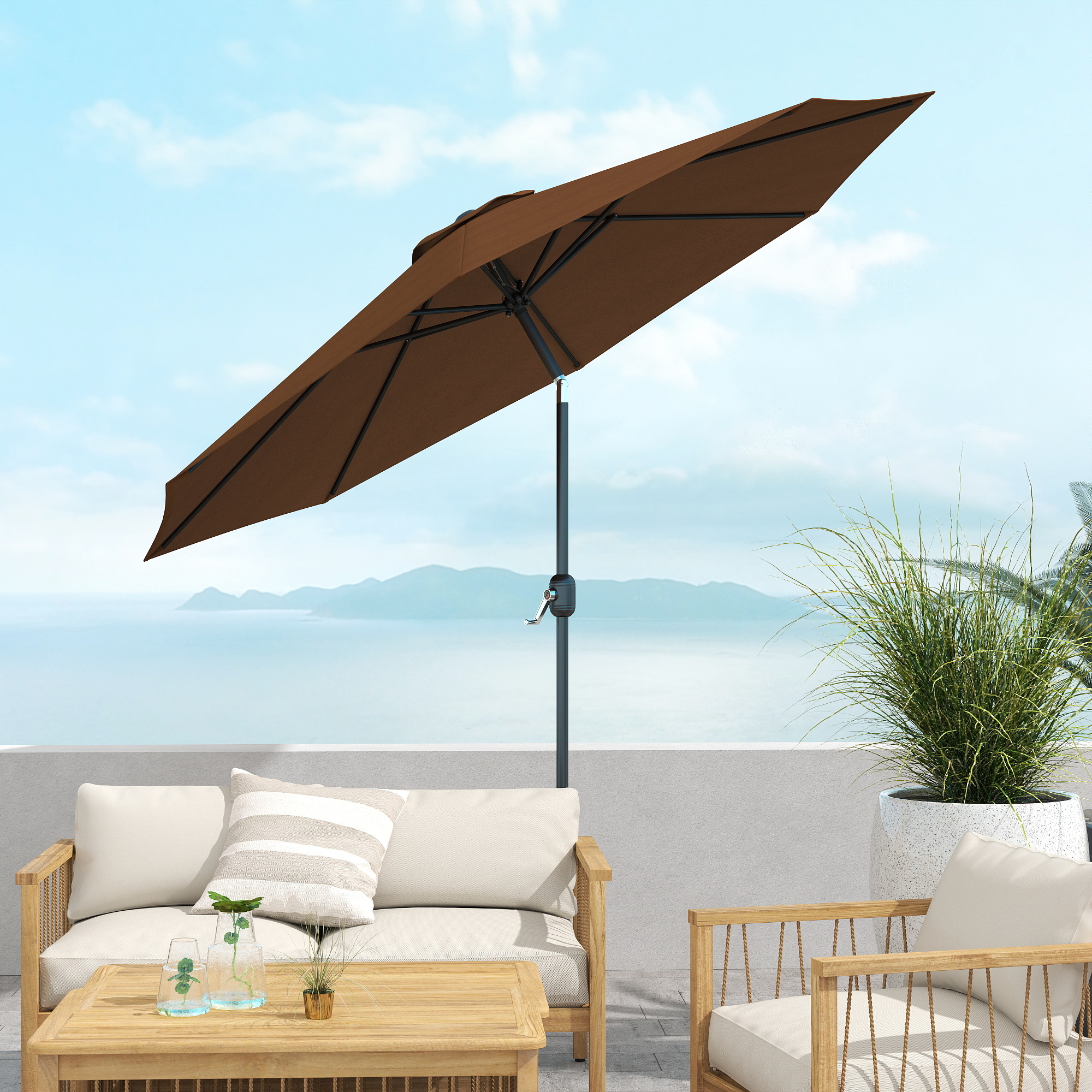 Outsunny Sonnenschirm Knickschirm Gartenschirm Marktschirm mit Handkurbel Stahl 180/m² Polyester Braun Ø2,95 x 2,5 m