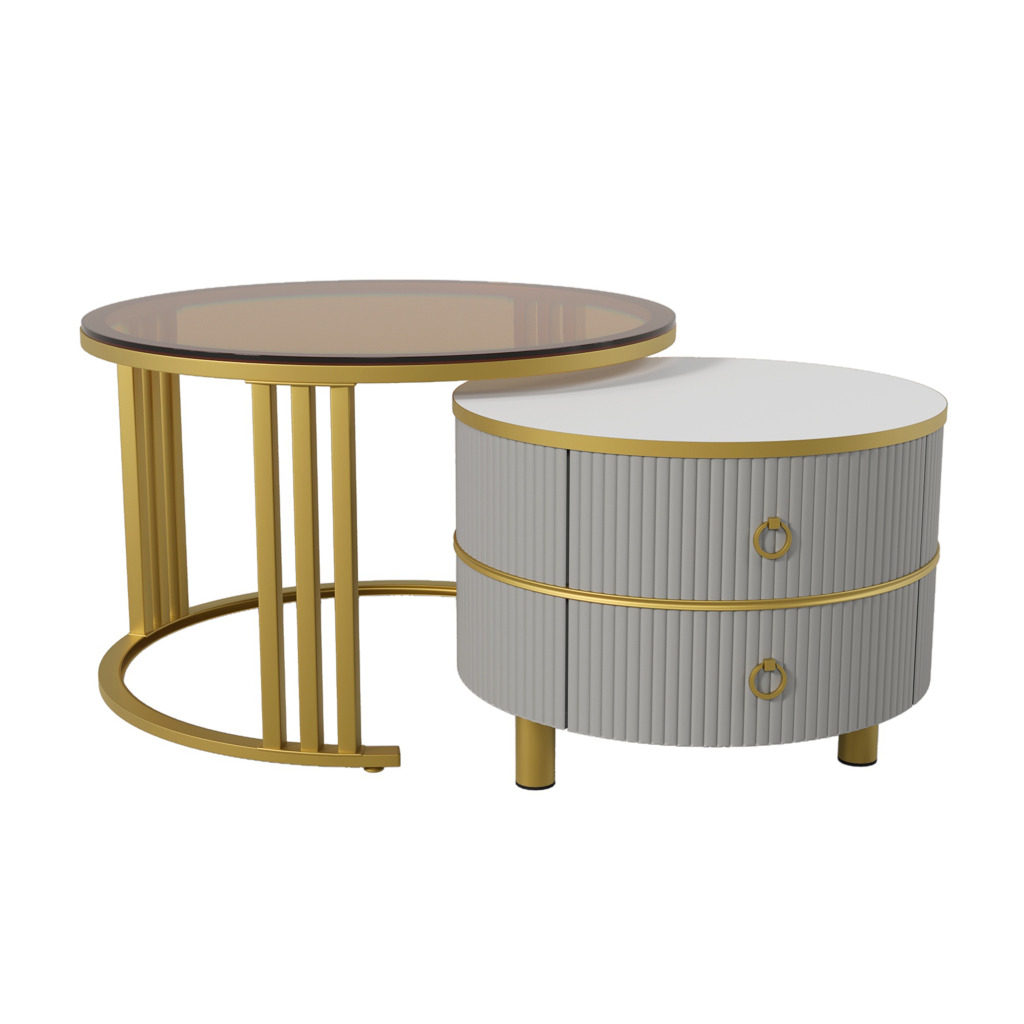 Couchtisch rund 70x70 cm und 50x50 cm, Runder Couchtisch mit Schubladen, Modernes Design für Wohnzimmer, Gold+Grau