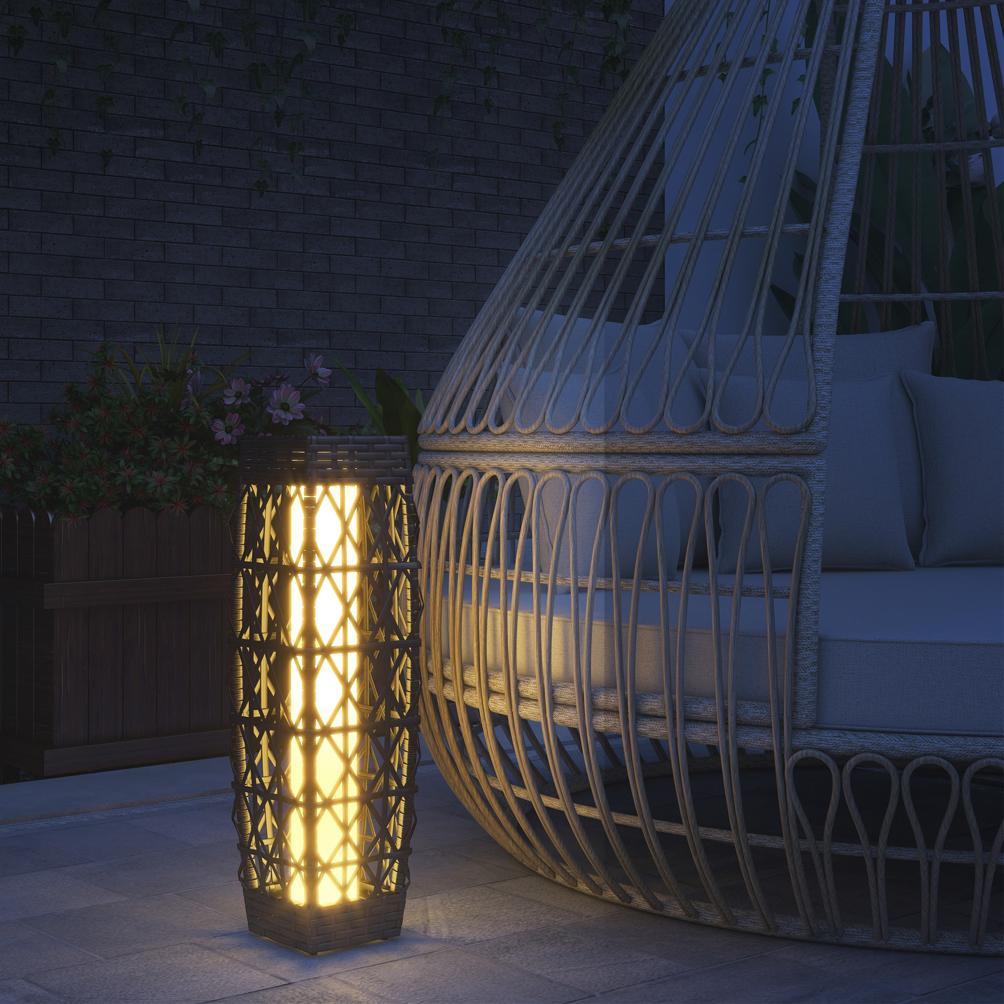 Outsunny Rattan Außenleuchte, Solar Gartenlampe, Einschaltautomatik, LED, wetterfest, Metallrahmen, 20 x 20 x 68cm, Grau