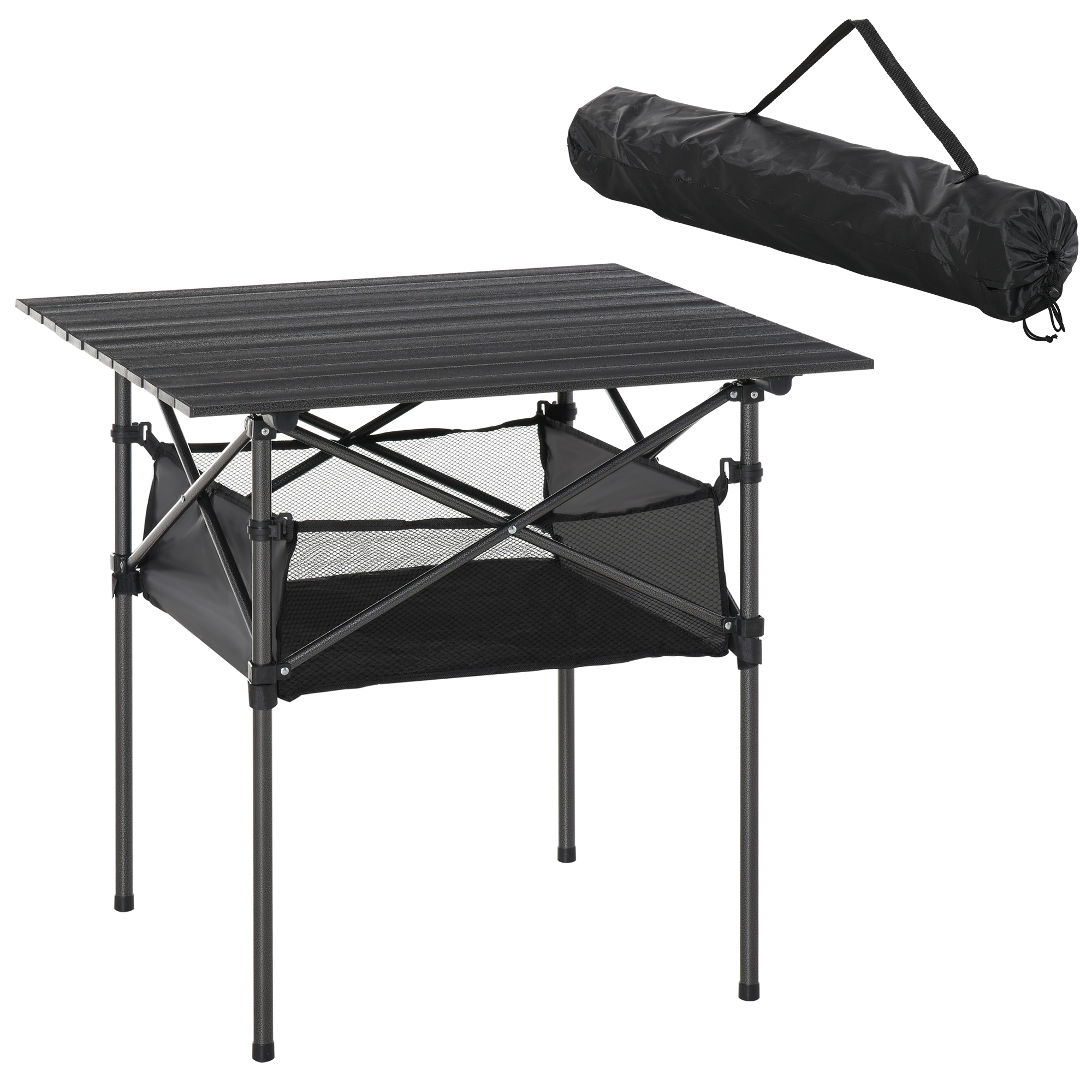 Outsunny Campingtisch aus Aluminium faltbar Klapptisch Falttisch mit Netztasche tragbarer Picknicktisch für Camping Garten Party Picknick Balkon Schwarz 70 x 70 x 69 cm