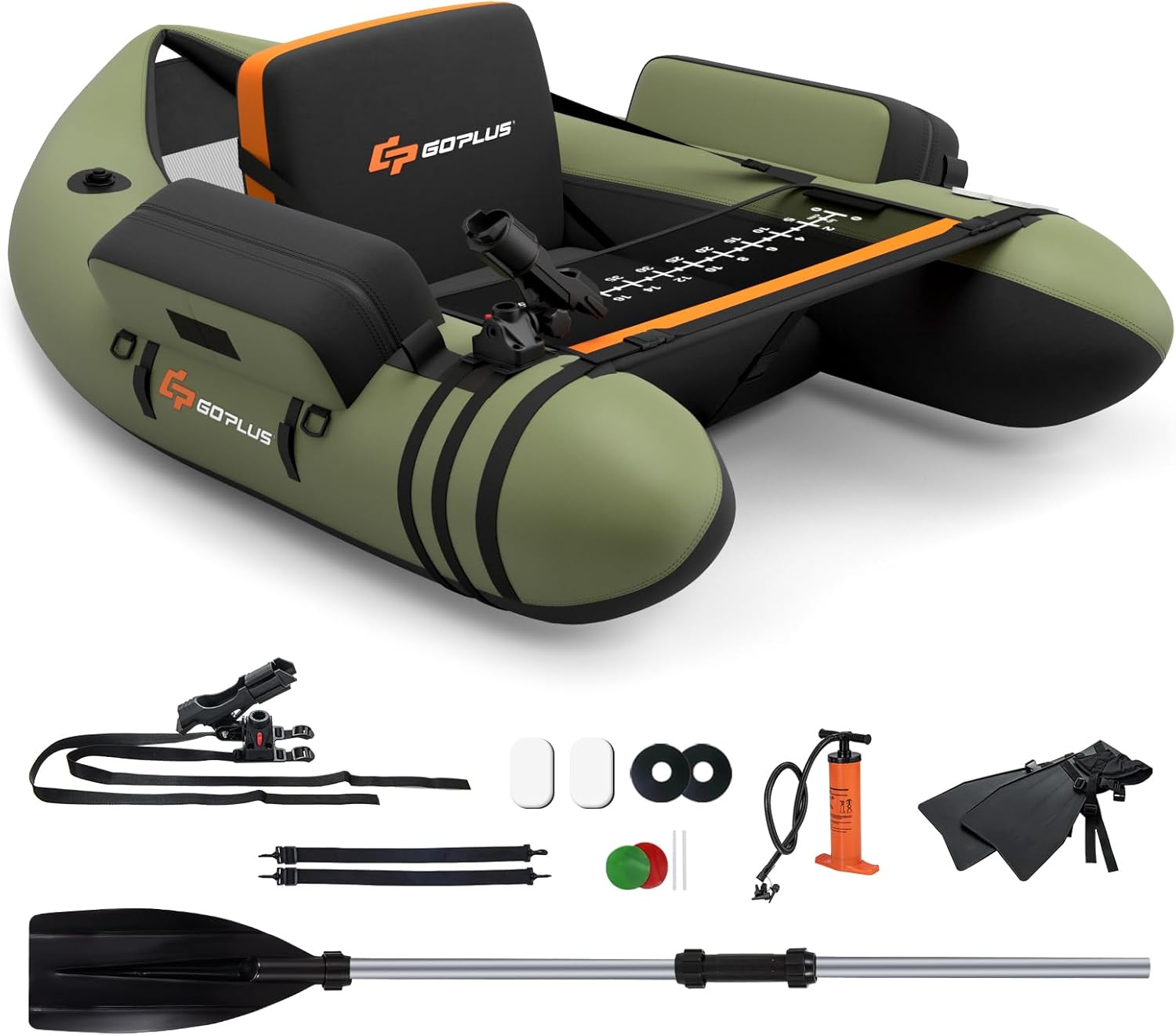 GOPLUS Bellyboot, Belly Boat bis 150 kg belastbar, aufblasbares Schlauchboot zum Angeln mit Alu Paddel, Pumpe, Flossen, Fischlineal, Rutenhalter & 2 Schultergurten, 135 x 109 x 54 cm