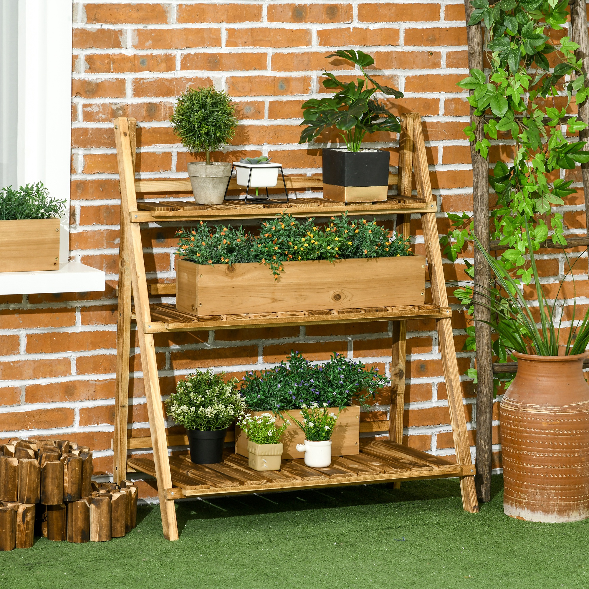 Outsunny Pflanzentreppe Blumenbank Blumentreppe Blumenregal Pflanzregal Blumenständer 3 Stufen Tannenholz Dunkelbraun 80 x 37 x 93 cm