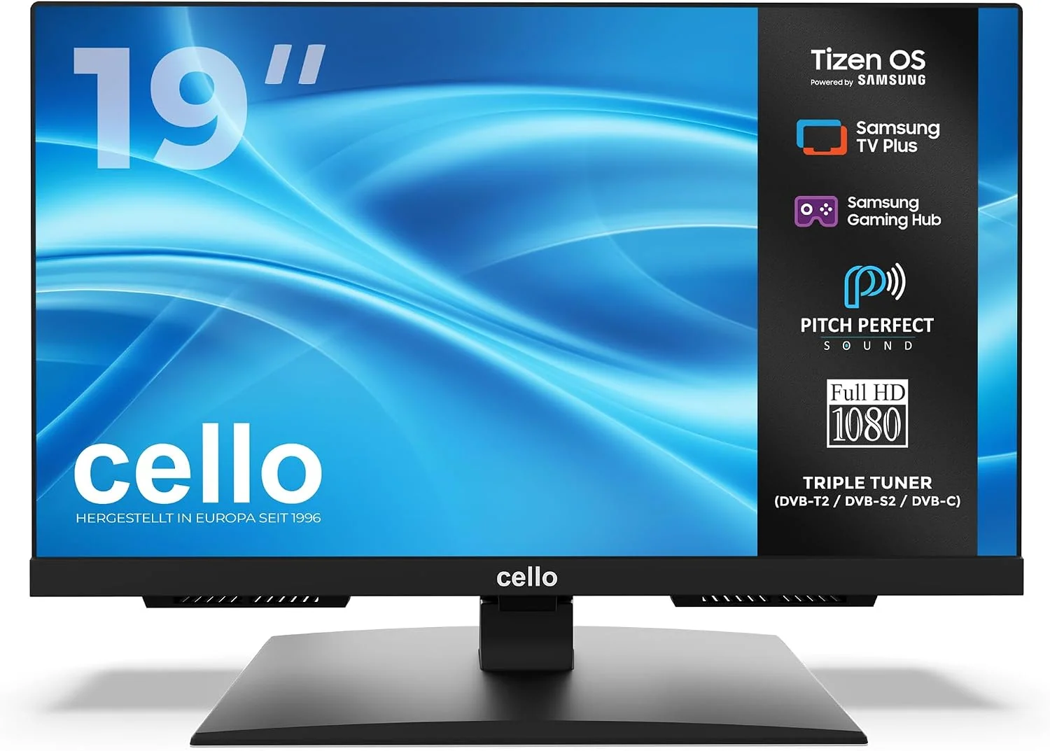 Cello Fernseher, 19 Zoll, Schwarz, Smart TV, C1926TZH Smart-TV mit Tizen OS von Samsung, Gaming Hub, Bluetooth