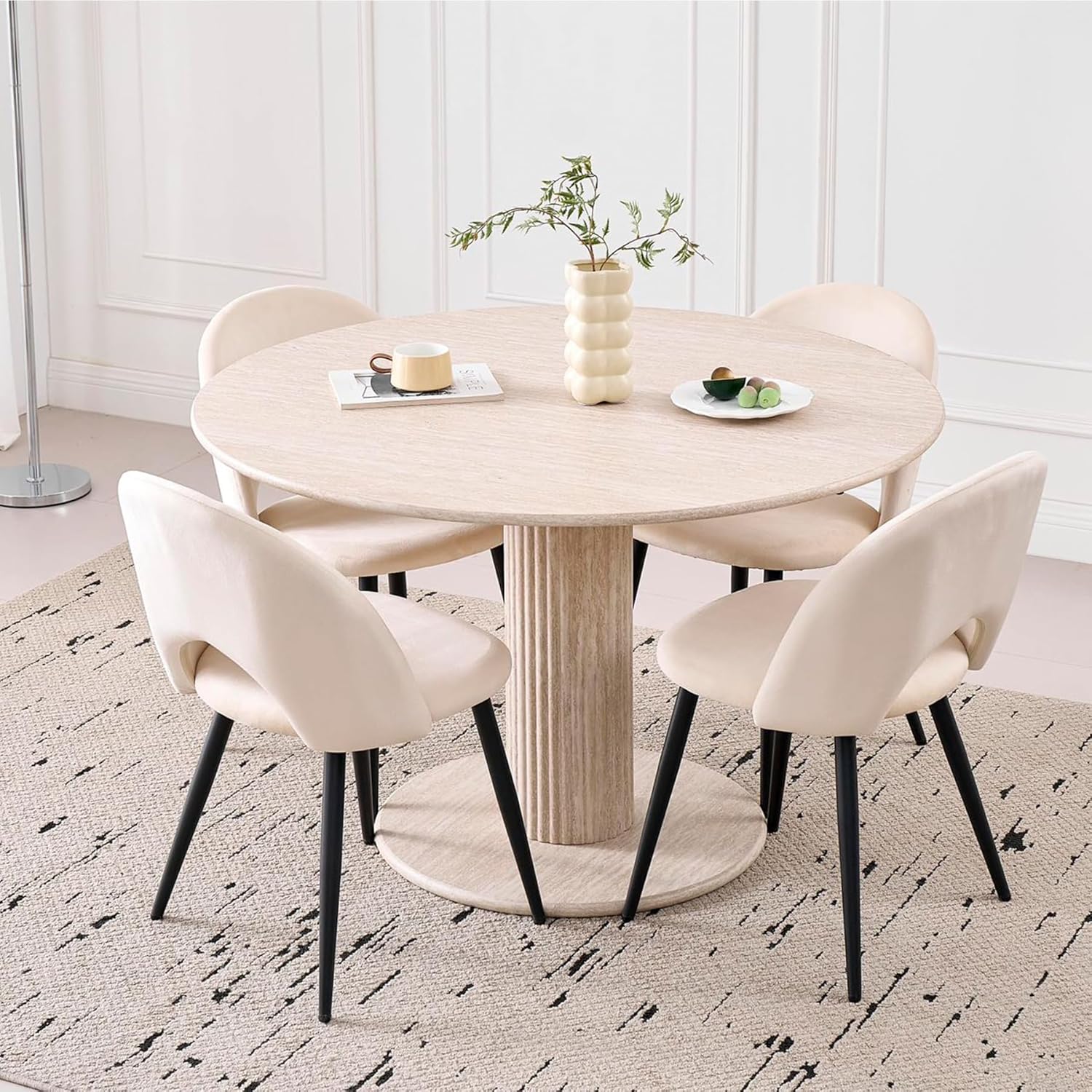 Set da Sala da Pranzo, Tavolo da Pranzo Rotondo Moderno con 4 Sedie da Pranzo, Piano del Tavolo in MDF e Seduta in Velluto per Cucina, Sala da Pranzo e Ristoranti (Beige)