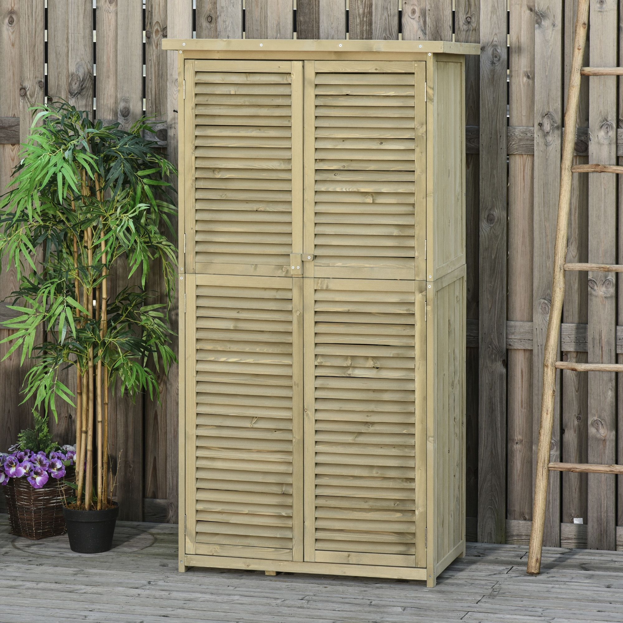 Outsunny Gartenschrank Holz Geräteschuppen Gerätehaus mit Asphaltdach Lamellentür Geräteschrank Schuppen Garten 4 Fächer Grau 87 x 46,5 x 160 cm