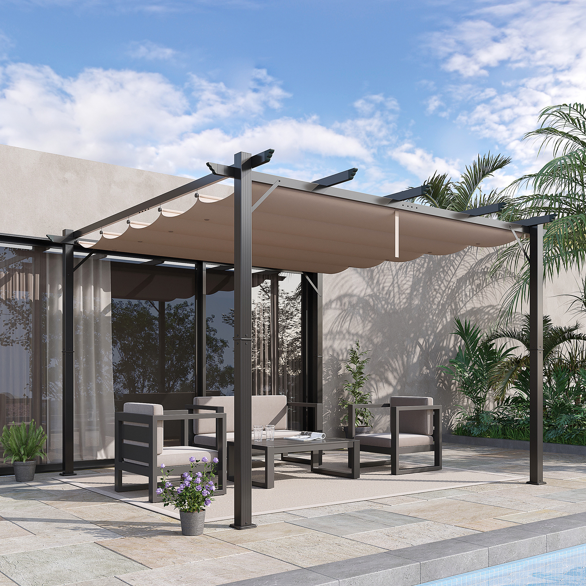 Outsunny Pergola met schuifdak paviljoen terrasoverkapping tuin aluminium 3 x 3 m bruin