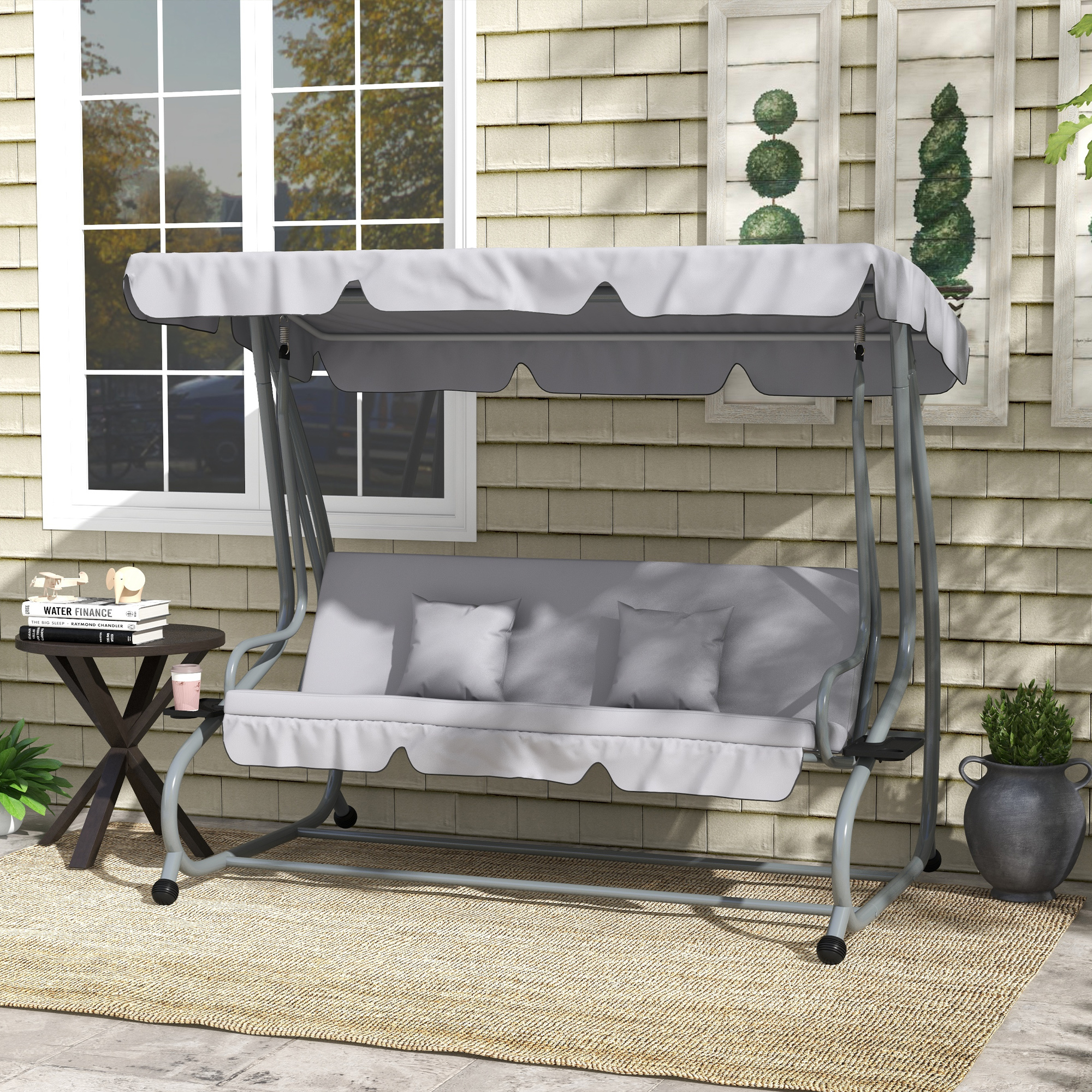 Outsunny 2-in-1 Hollywoodschaukel mit Liegefunktion, verstellbares Dach, bis 340 kg, Stahl, 200x120x164 cm, Grau