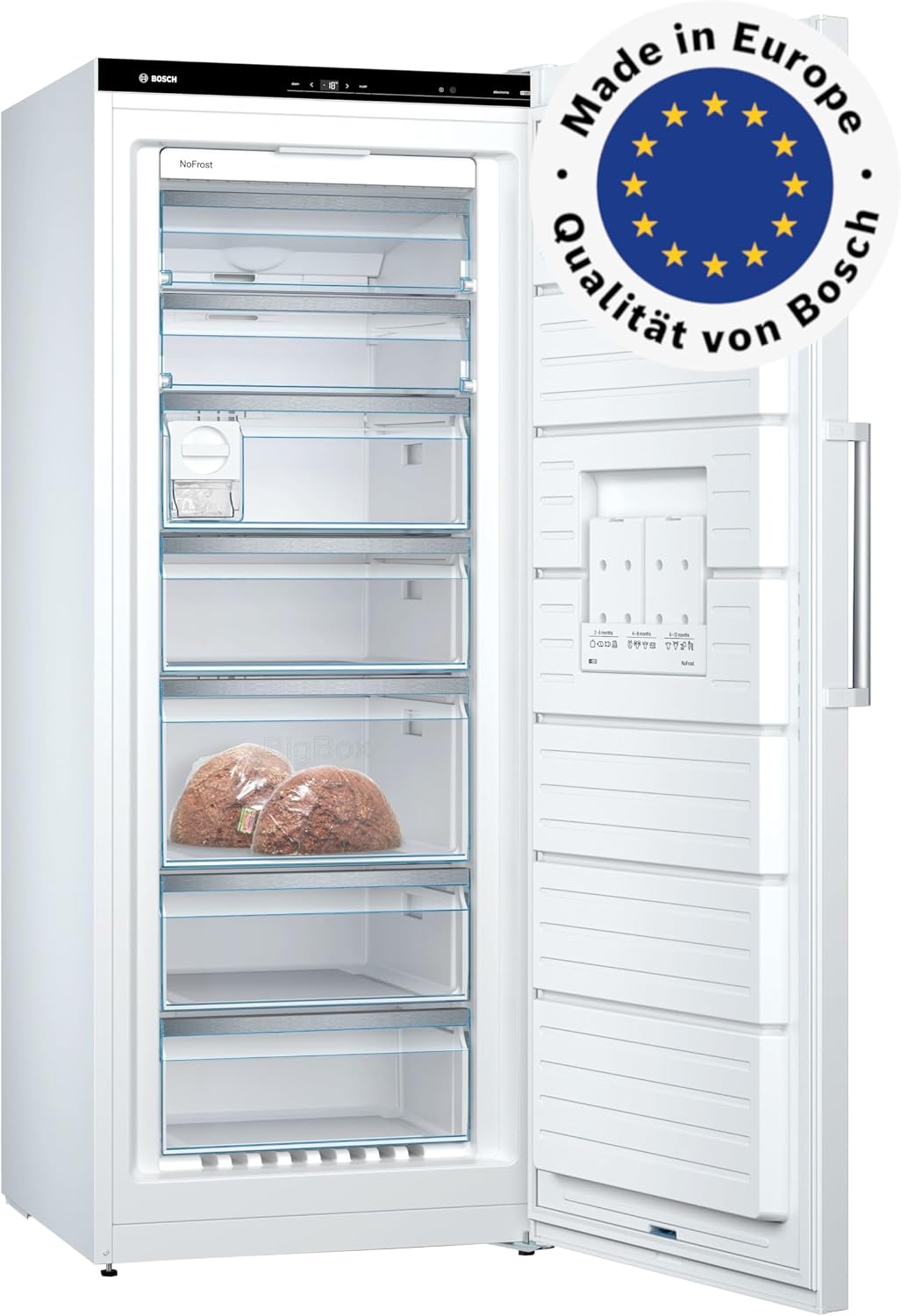 Bosch GSN54AWCV Serie 6 XXL-Gefrierschrank, 176 x 70 cm extra breit, 327 L, NoFrost nie wieder abtauen, LED-Beleuchtung gleichmäßige Ausleuchtung, BigBox Platz für großes Gefriergut, Weiß