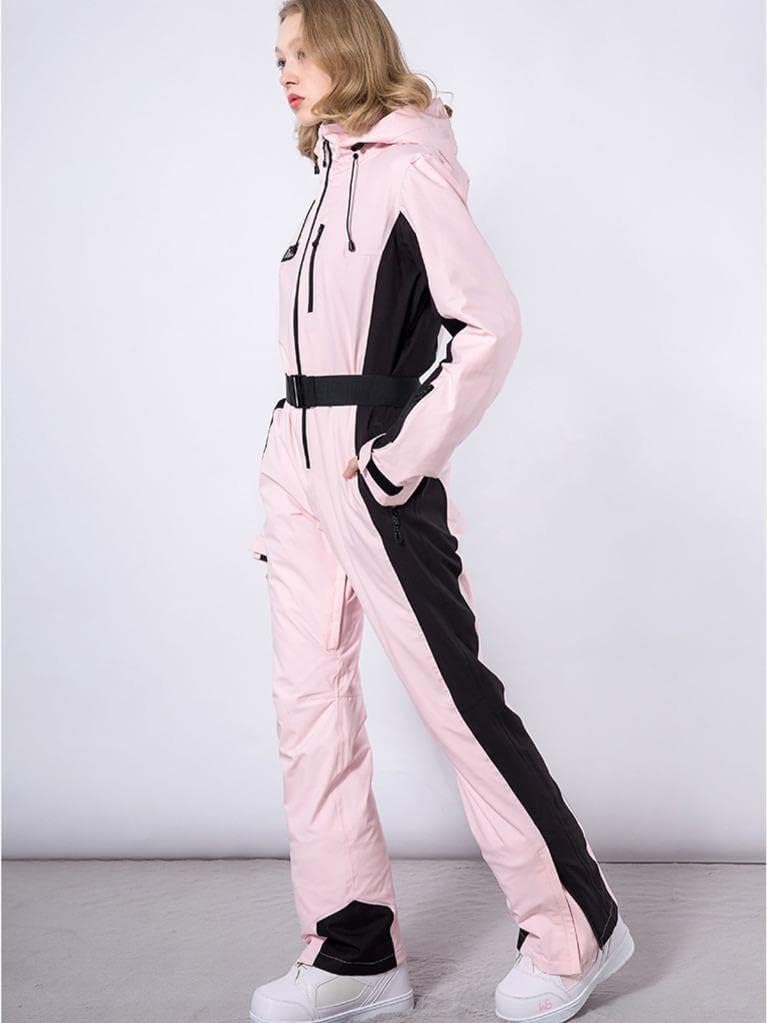 ALSOGO Einteiliger Skianzug für Damen, Skioverall 10,000mm wasserdichter Schneeanzug mit abnehmbarer Pelzkragen Mantel Gürtel, Warm Isoliert Skibekleidung für Outdoor Winter Skifahren Snowboard