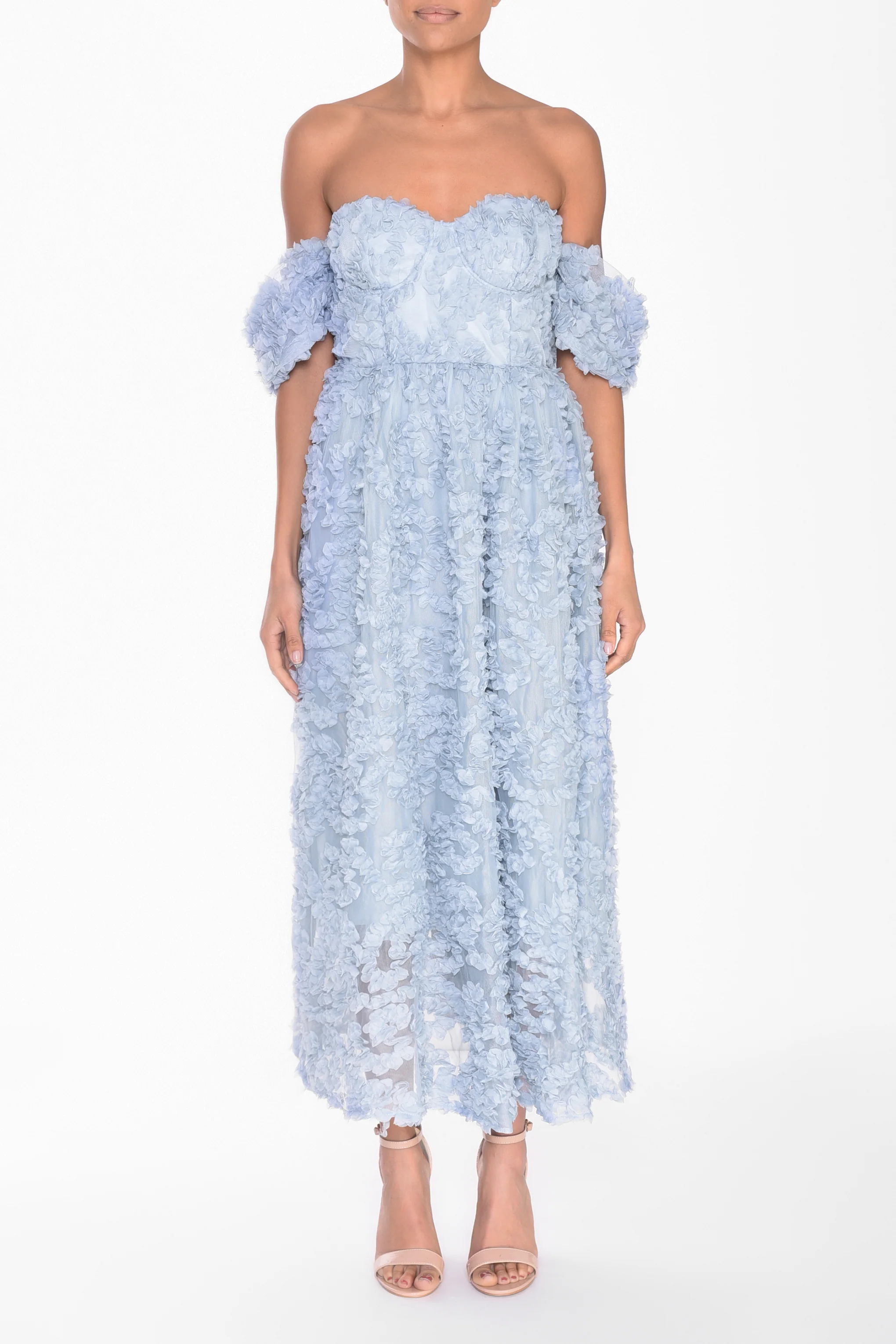 Amelia Blue Applique Floral Bardot Midaxi Skater Dress