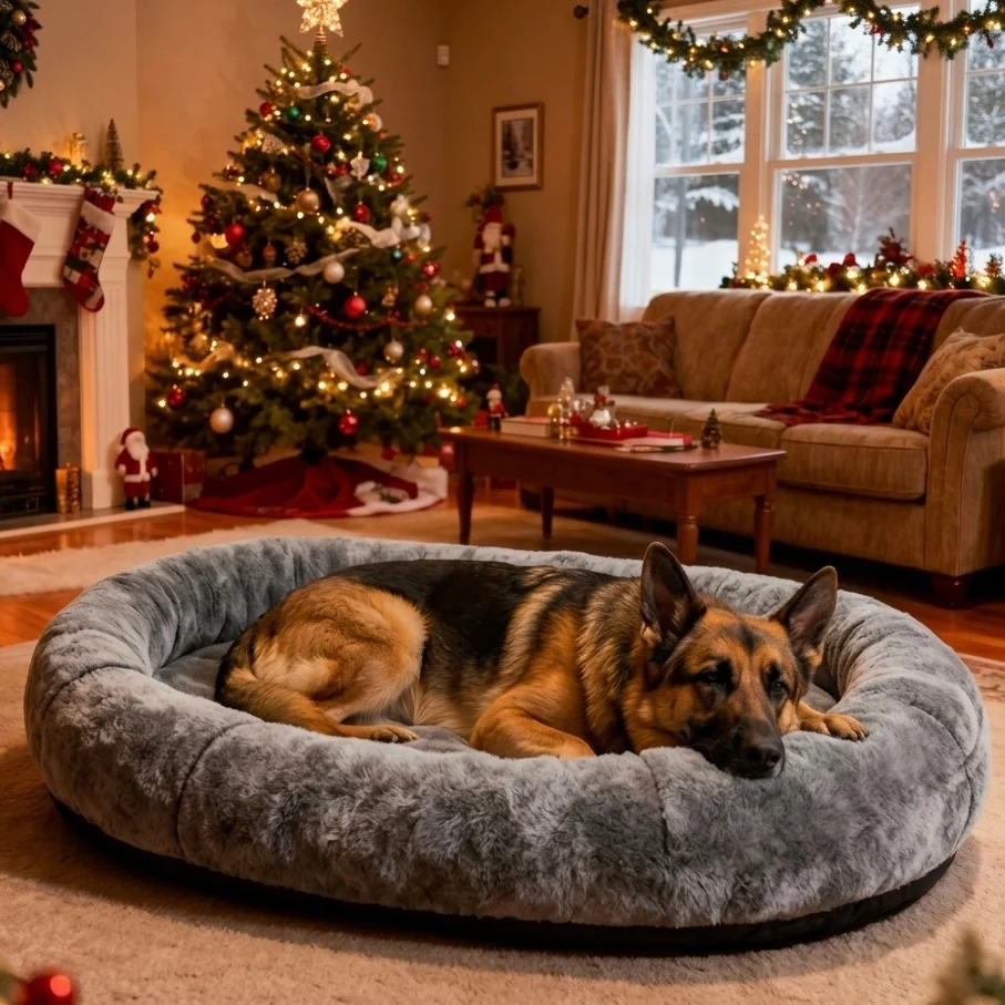 Large Dog Bed �C Plush Faux Fur with Storage Pocket & Blanket Set
