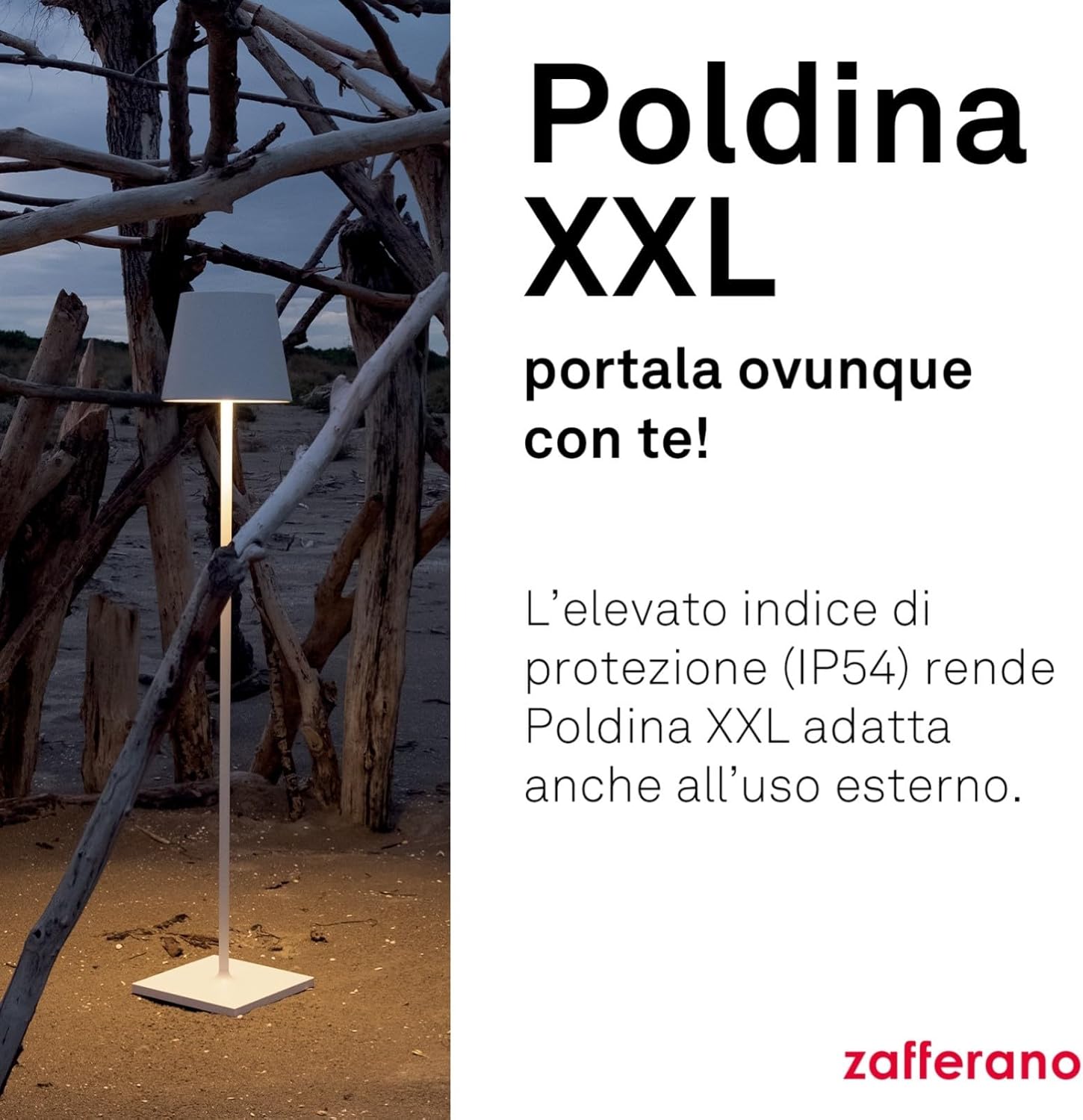 Zafferano, Poldina XXL, Rechargeable and Wireless Floor Lamp with Touch Control, Suitable for Living Room and Outdoor, Dimmer, 2700-3000 K, Adjustable Height 69-150 cm, White