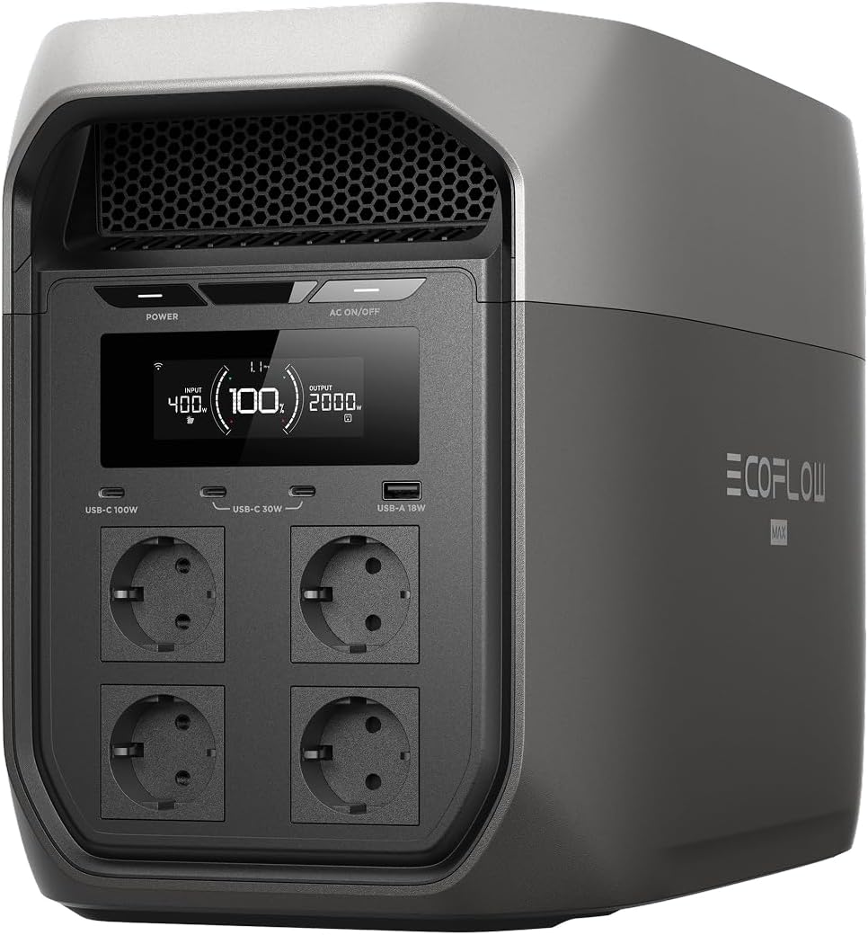 ECOFLOW Delta 3 Max tragbare Powerstation 2 048 Wh, 2 400 W X-Boost Ausgang, 0–80% Ladung in nur 51 Minuten, LiFePO4 Batterie, Solargenerator für Zuhause, Stromausfälle, Wohnmobil, Outdoor