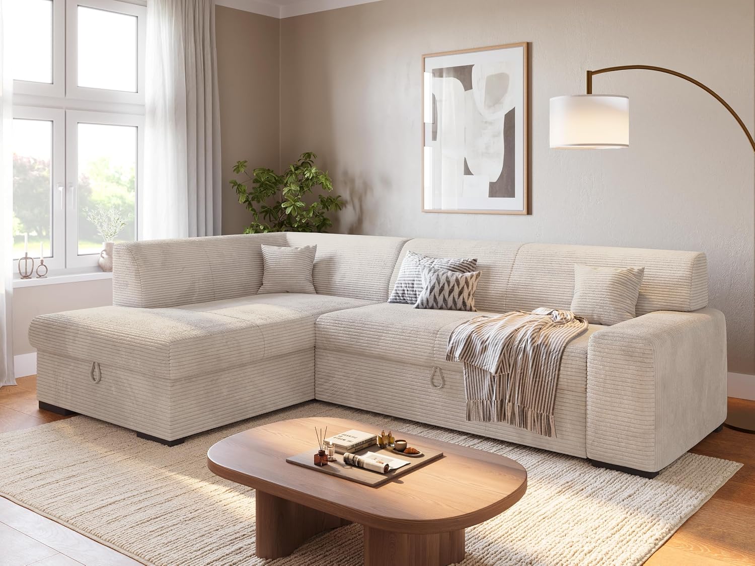 BROMARKT Ecksofa mit Bettkasten Schlaffunktion L 260cm Links Vanille