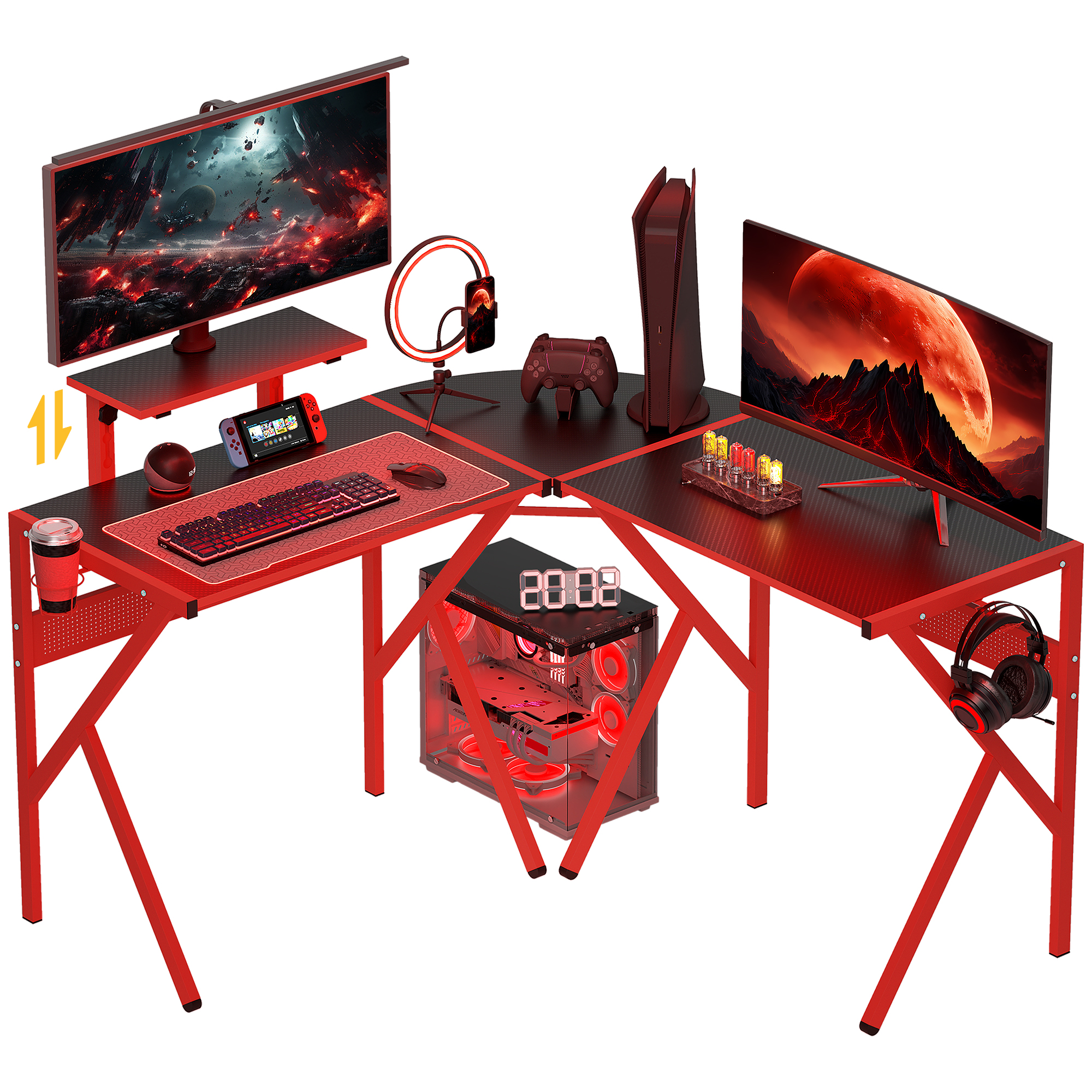 HOMCOM Computertisch mit höhenverstellbarer Monitorablage Schreibtisch mit Becherhalter Kopfhörerhaken L-förmiger Bürotisch mit K-Förmiger Beine Spanplatte Metall Schwarz+Rot 125 x 125 x 75 cm