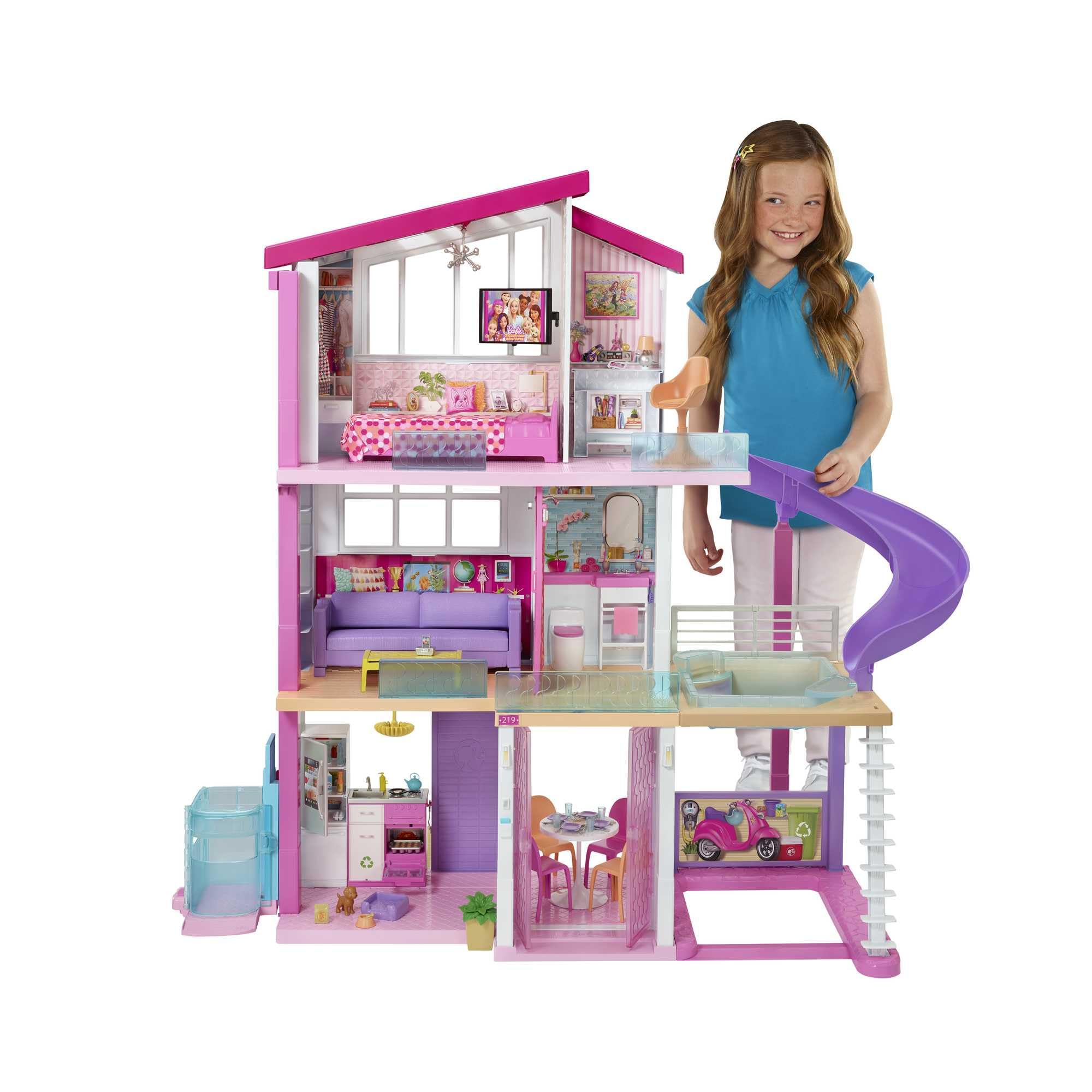 Barbie Puppenhaus Traumvilla möbliert 3 stöckig 8 Zimmer Pool Rutsche Aufzug 70 Accessoires ab 3 Jahre GNH53