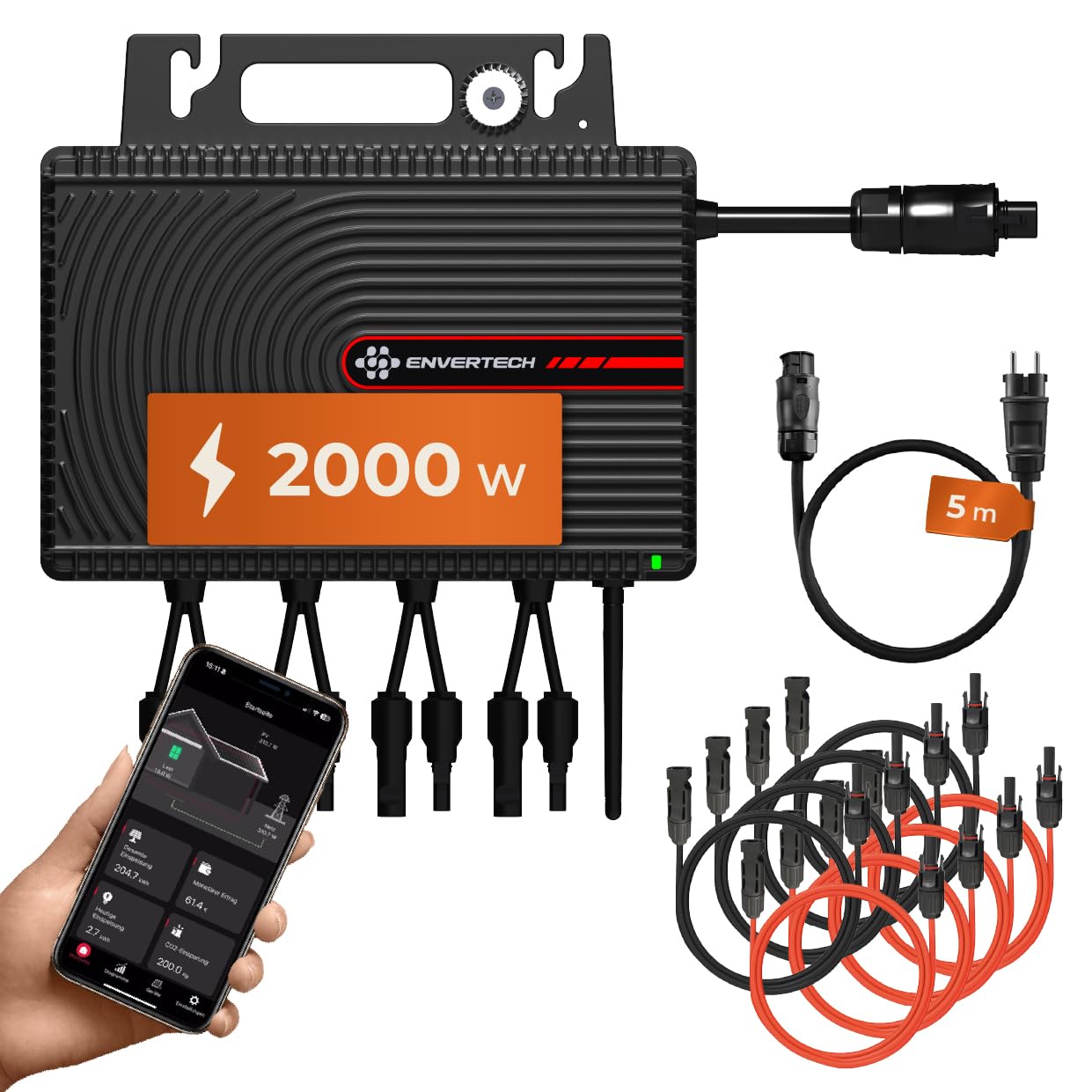 Mikro-Wechselrichter 2000W EVT-2000-SE für 4 PV-Module, mit App- und WLAN-Steuerung sowie 5m AC-Kabel und 8x2m DC-Kabel