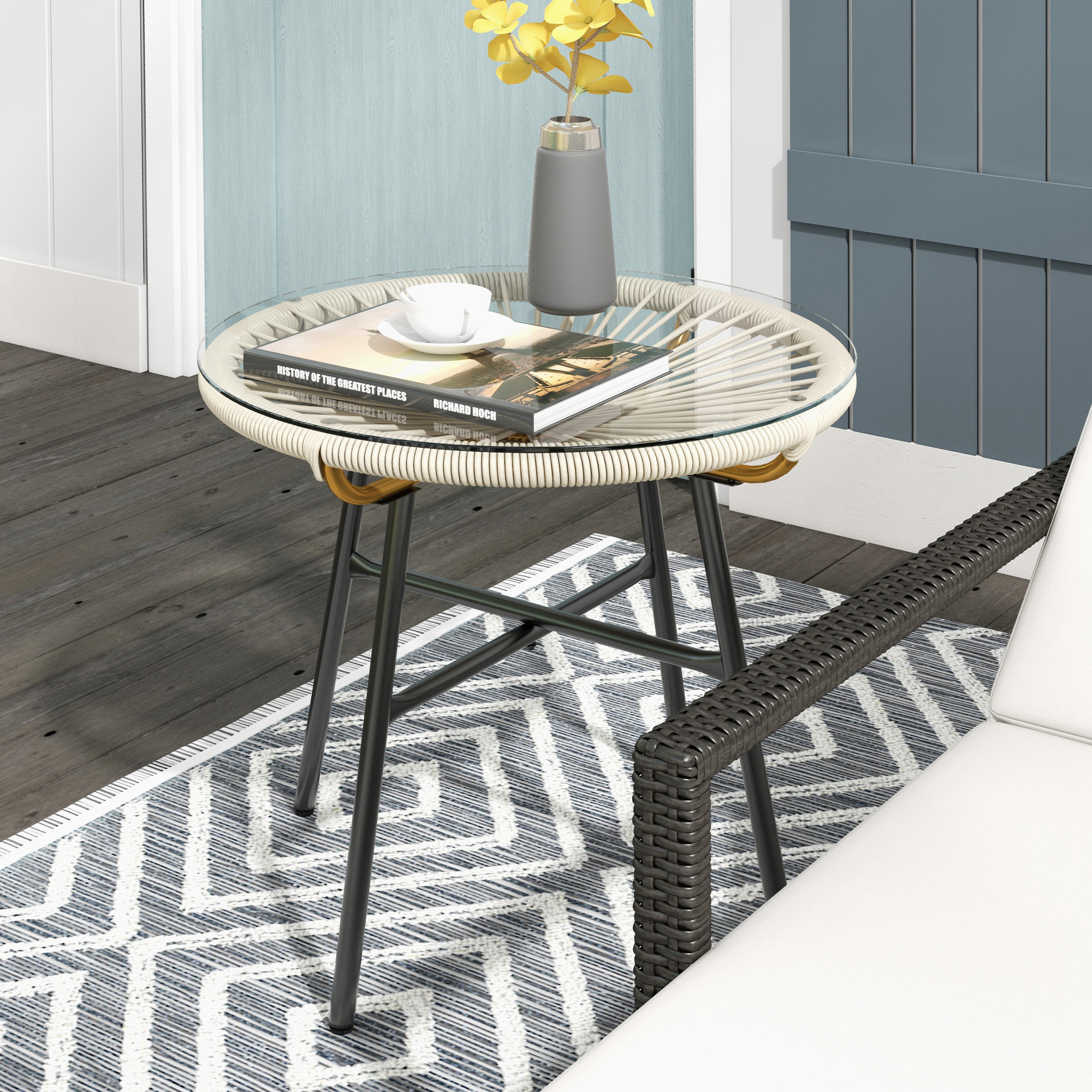Outsunny Gartencouchtisch rund aus Rattanimitat Metall und gehärtetes Glas Ø 50 x 50 cm Creme