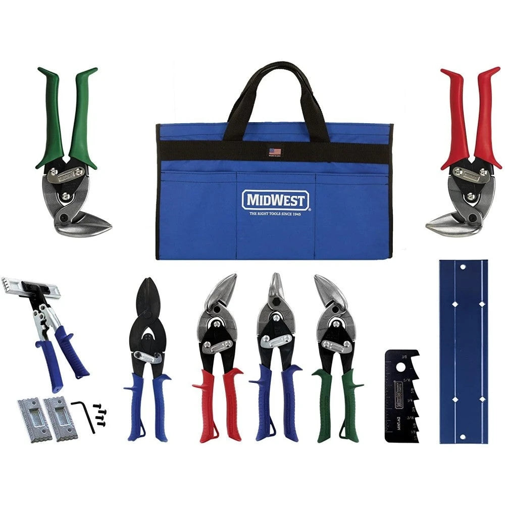 MIDWEST – Kit de Herramientas HVAC – Juego de 9 Piezas que Incluye Tijeras para Aviación con Herramientas para Trabajos en Metal y Bolsa – MWT-HVACKIT03