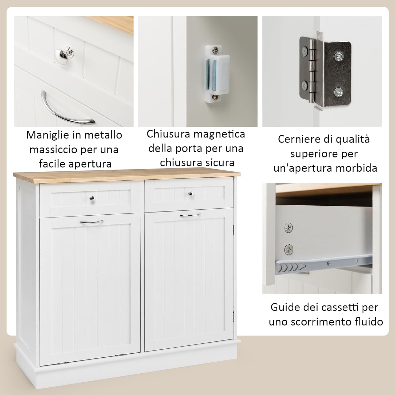 GYMAX Credenza da Cucina, Isola da Cucina con 2 Cassetti, Ripiano Regolabile, Vassoio in Gomma per Sala da Pranzo, Soggiorno, Adatto per Bidone (non incluso) da 42L, 100 x 35 x 90,5 cm (bianco)