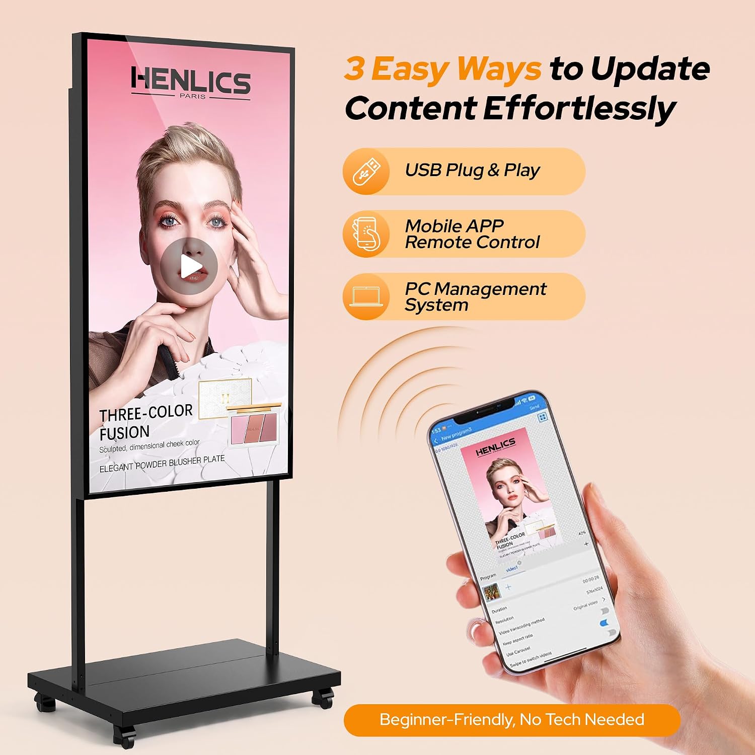 Display Digital Signage, Schermo LCD Ultra Luminoso 3000 Nits, Monitor Pubblicitario Android 14 con Controllo APP & CMS, USB/HDMI/WiFi per Ristoranti, Hotel e Negozi (65 pollici)