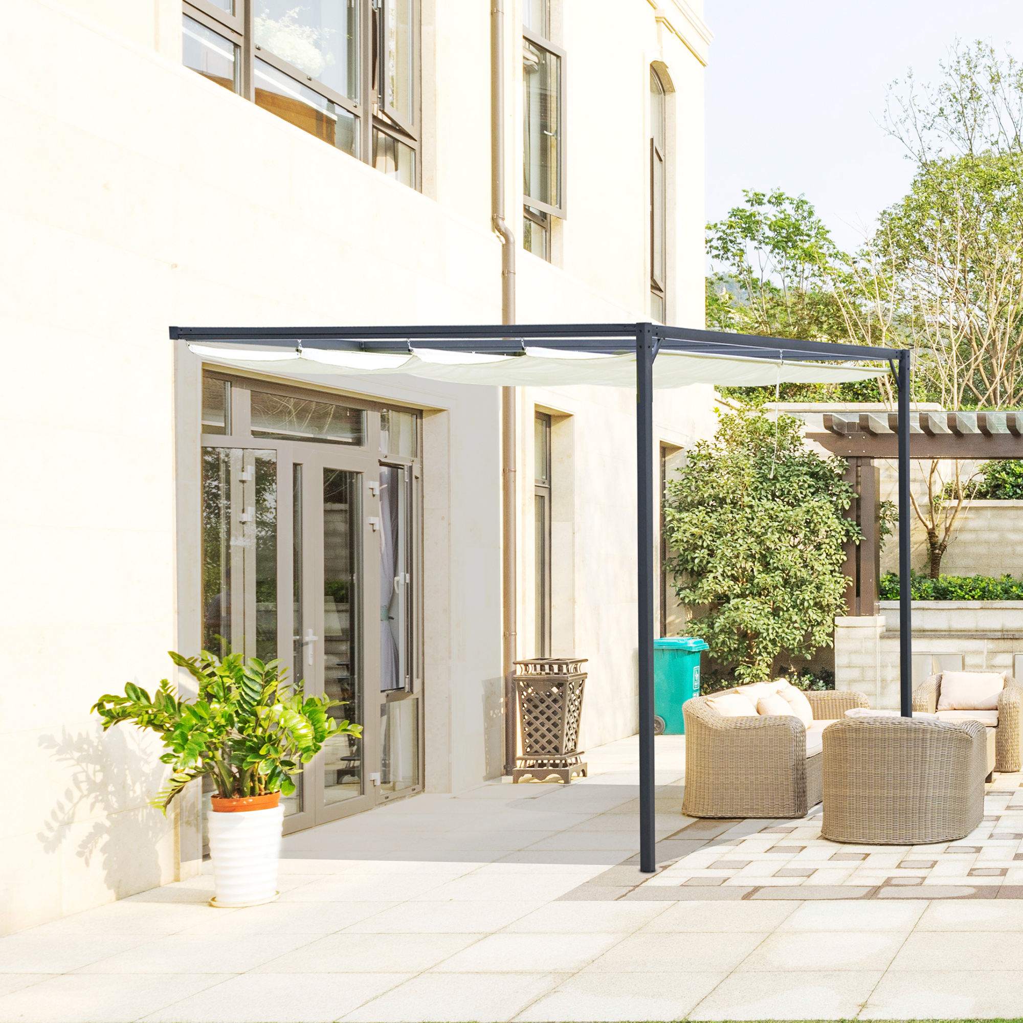 Outsunny Pergola Pavillon 3 x 3 m Gartenpavillon BBQ-Pavillon mit Stoffdach Terassenüberdach wetterfest Wand Anbau Metall Polyester Cremeweiß