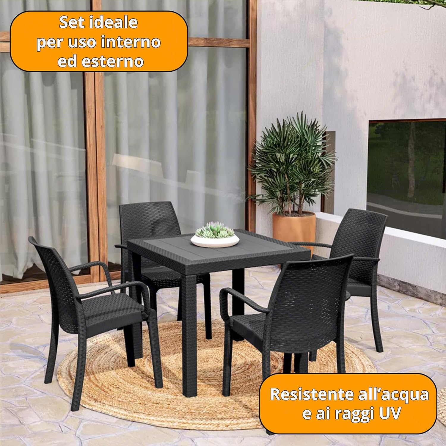 Sicignano Set of 5, 4 Chairs with Armrests + 1 Square Rattan Table – Stackable, UV Resistant, Indoor Outdoor Furniture Bar Pub Garden Terrace, Made in Italy (Anthracite)