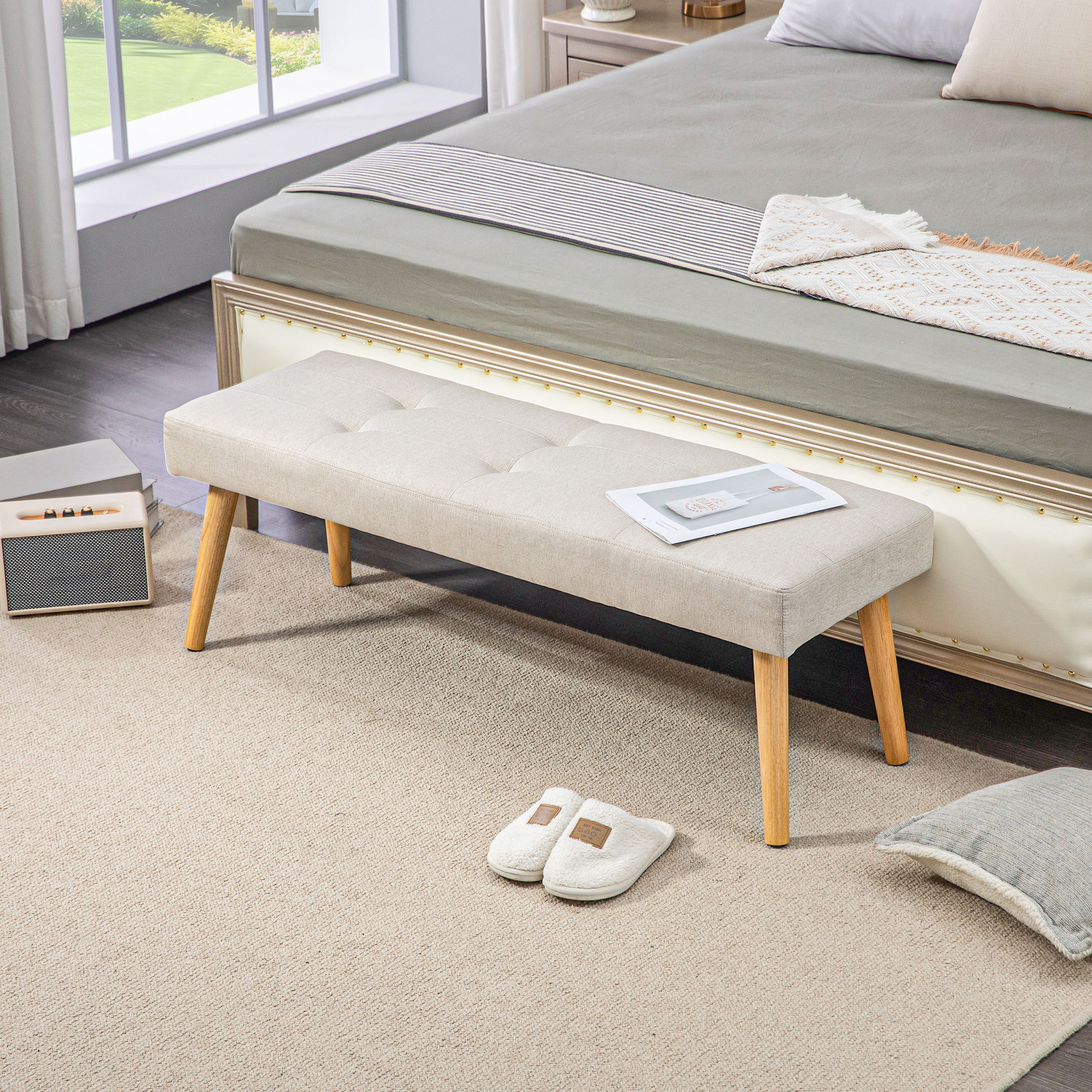 HOMCOM Bettbank, Sitzbank, weicher Bezug, Leinenoptik, bis 120 kg, Naturholzbeine, 120x41x43cm, Creme