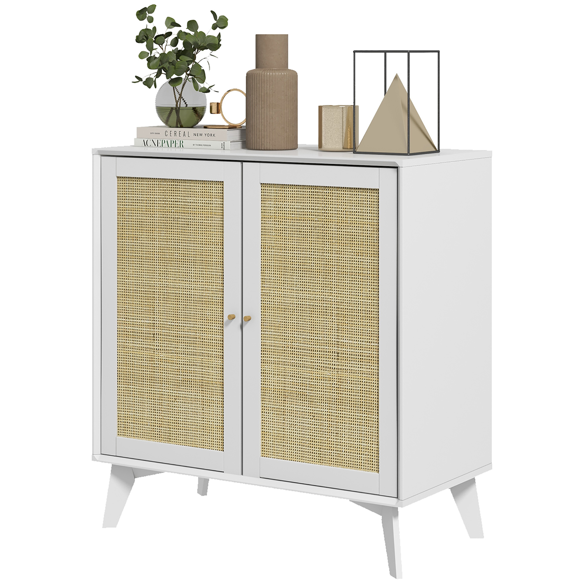 HOMCOM Buffet hoch Aufbewahrungsmöbel Design Bohème doppelte Türen mit 2 Ebenen, Rattanfront 80 x 40 x 85 cm Weiß