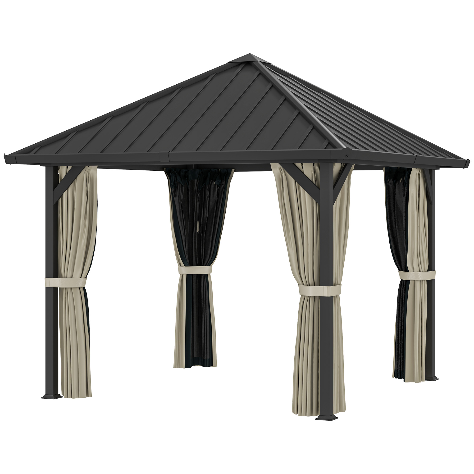 Outsunny 3 x 3 m Hartdach-Pavillon, Gartenpavillon mit Metalldach, Wasserfestes Gartenzelt mit Netz und Seitenwänden, Dunkelgrau