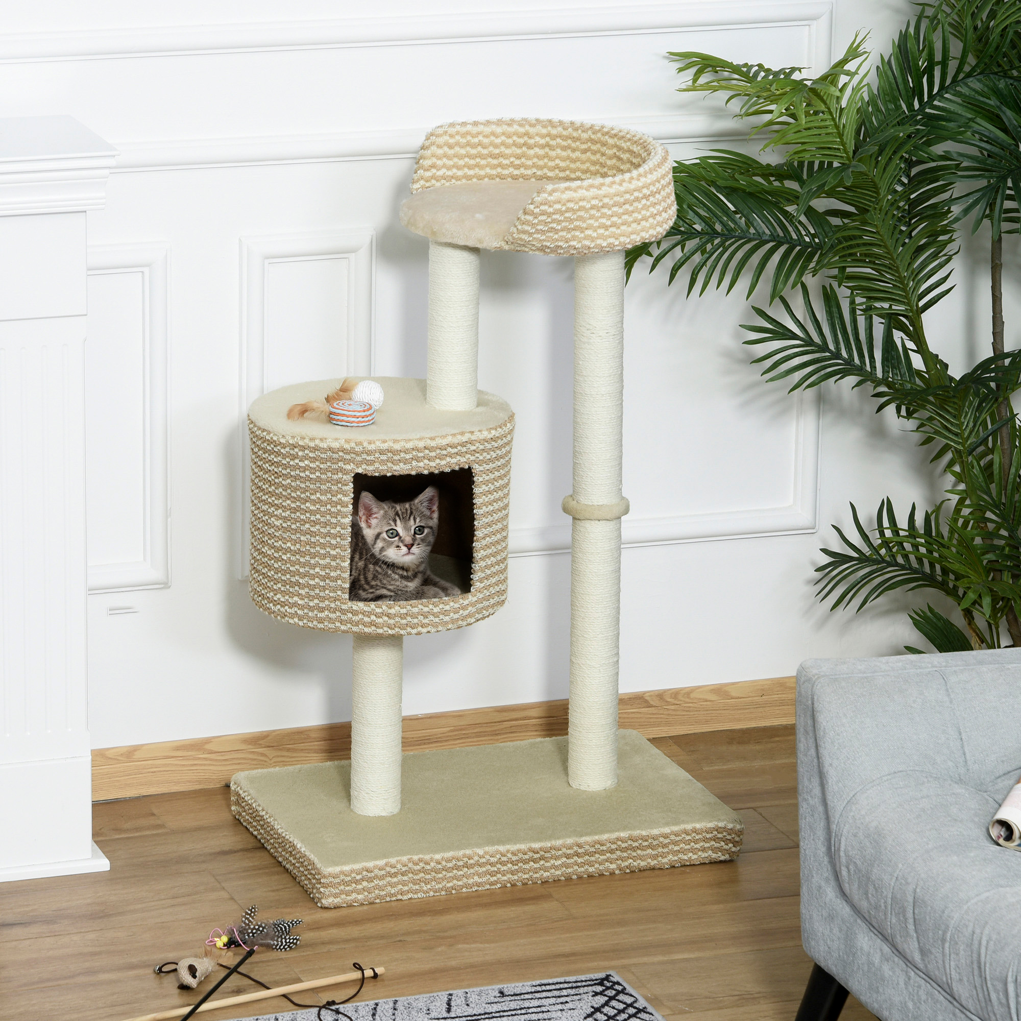 PawHut Katzenbaum Kratzbaum Kletterbaum Katzenkratzbaum, kuschelige Aussichtsplattformen, beige und kaffee, Spanplatte, Plüsch, Jute, 61x41x96 cm