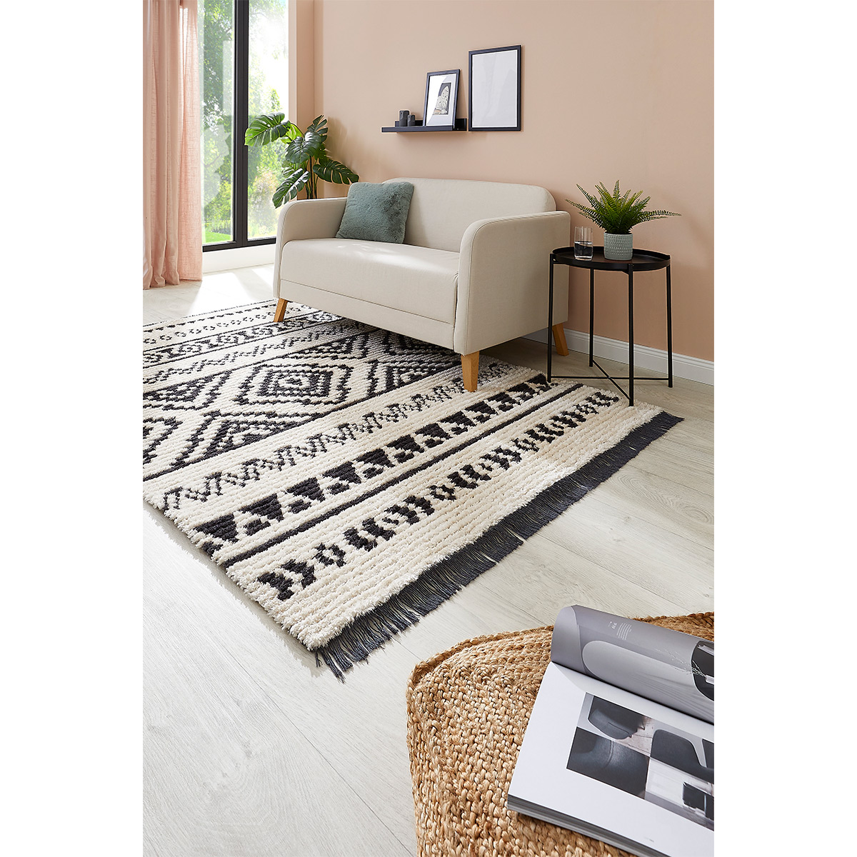 HOMCOM Hochflorteppich mit Fransen Beige-Schwarz 170 x 120 x 2,1 cm