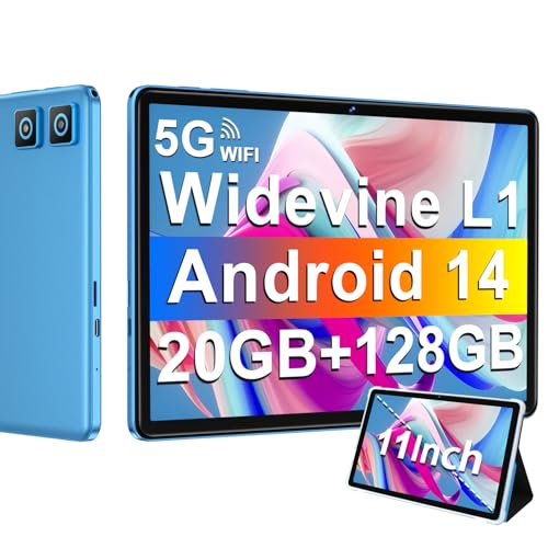 Tablet 11 Pollici Android 14 con Widevine L1, 8000 mAh Ricarica Rapida 18 W, 5MP 13MP, 20 GB RAM 128 GB ROM (Espandibile Fino a 1 TB), 5G Wi Fi, GPS, Octa Core 2.0 GHz, 1280*800, Face ID, USB C, Blu : Informatica