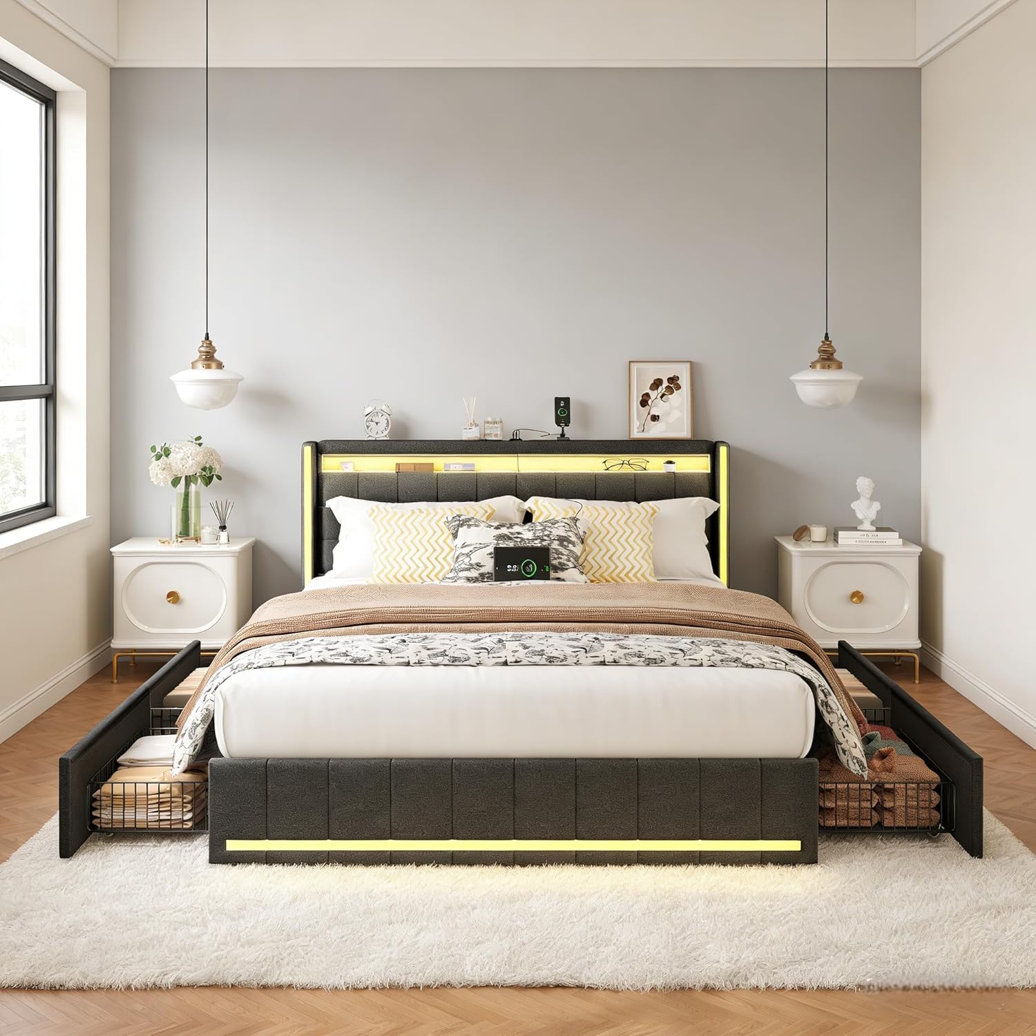 Polsterbett 180x200 mit Stauraum, Doppelbett mit LED und USB, Jugendbett mit 4 Schubladen, Bettgestell mit Kopfteil und Lattenrost, Leinen (Grau, 180 x 200 cm)