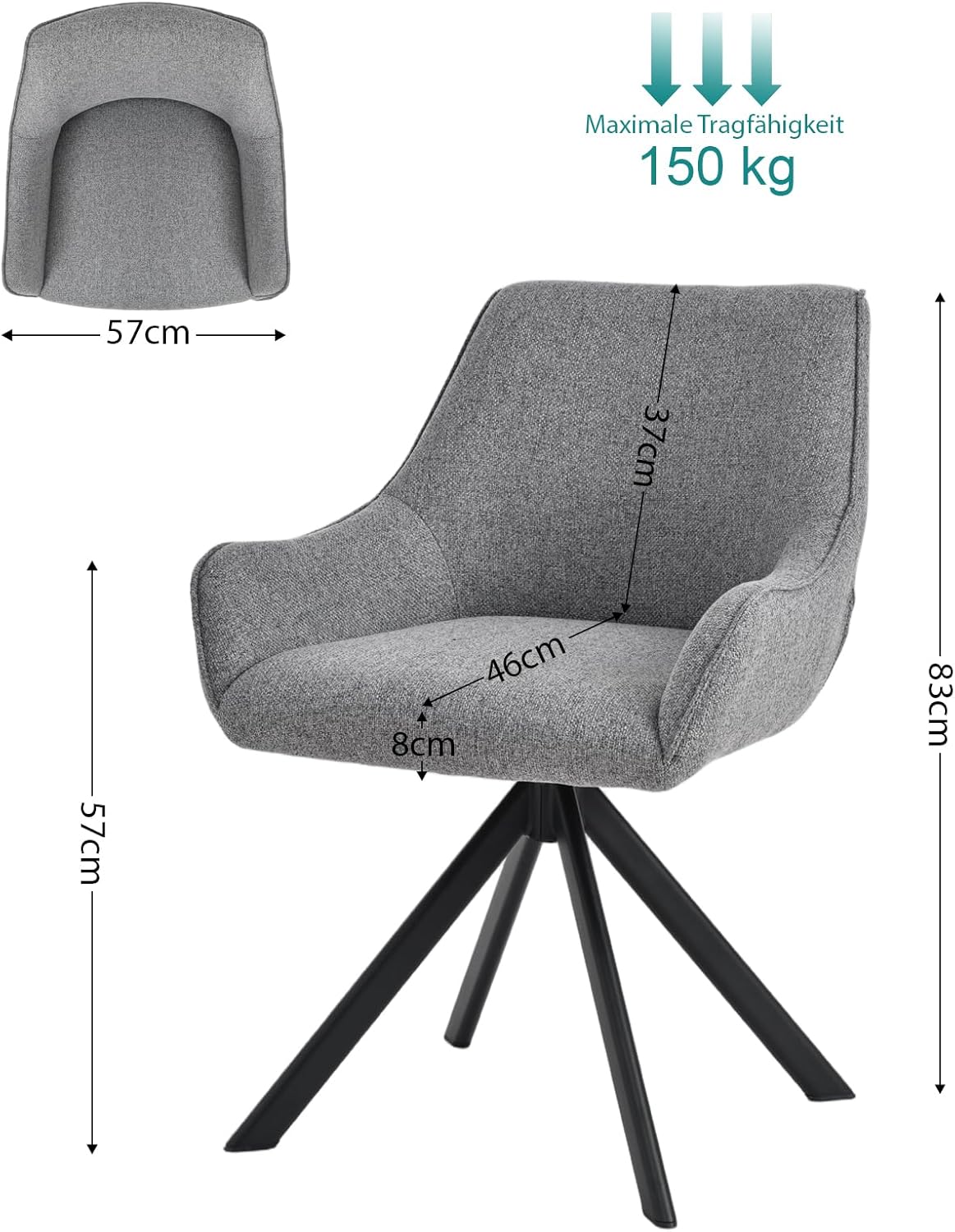 Esszimmerstühle Drehbar 6er Set mit Armlehne – 360°Drehbar Polsterstuhl Leinen Modern Drehstuhl Küchenstuhl mit Metallgestell und Rückenlehne für Esszimmer, Wohnzimmer, Büro, Hellgrau