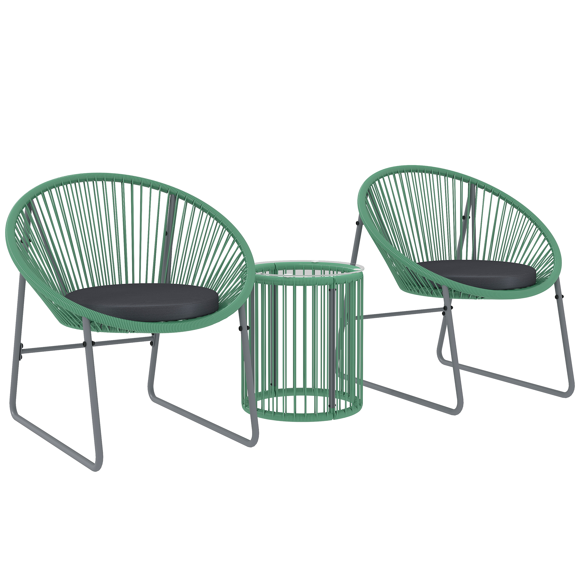 Outsunny 3-teiliges Outdoor-Möbelset, 1 Tisch, 2 Stühle, Glastischplatte, Kunststoff-Rattan um Stahlrahmen, weiche Kissen, Grün