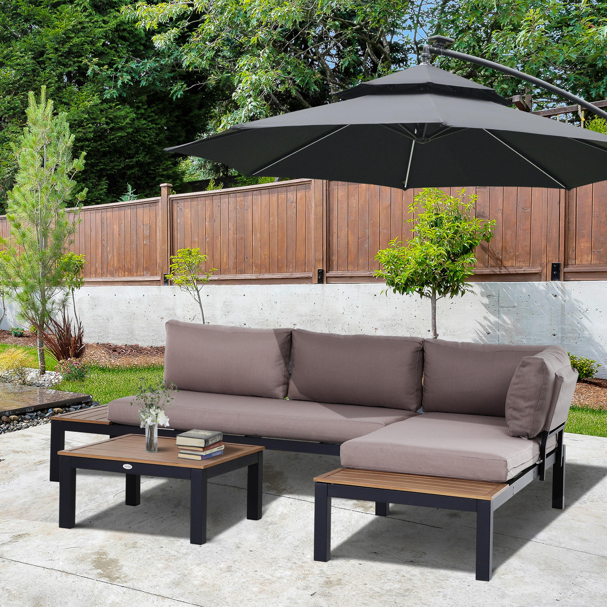 tuinset aluminium tuinbank 164cm tuintafel 63cm tuin comfort meubilair, Grijs + natuur