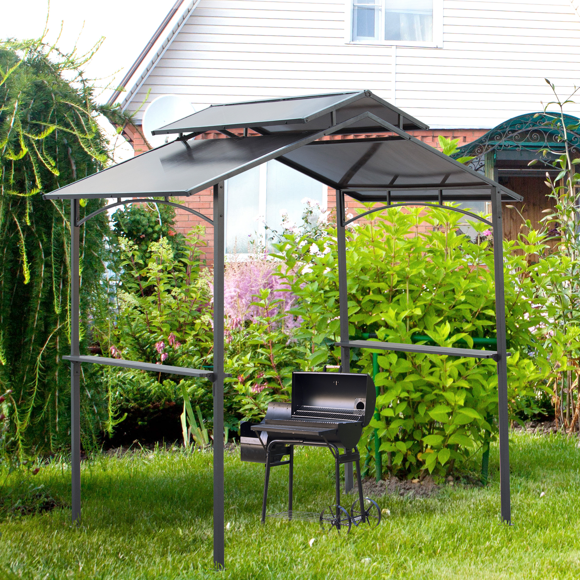 Outsunny Grillpavillon mit Flammschutzdach BBQ-Pavillon mit 2 Ablagen 2,5 x 1,5m Stahl PC Schwarz+Braun