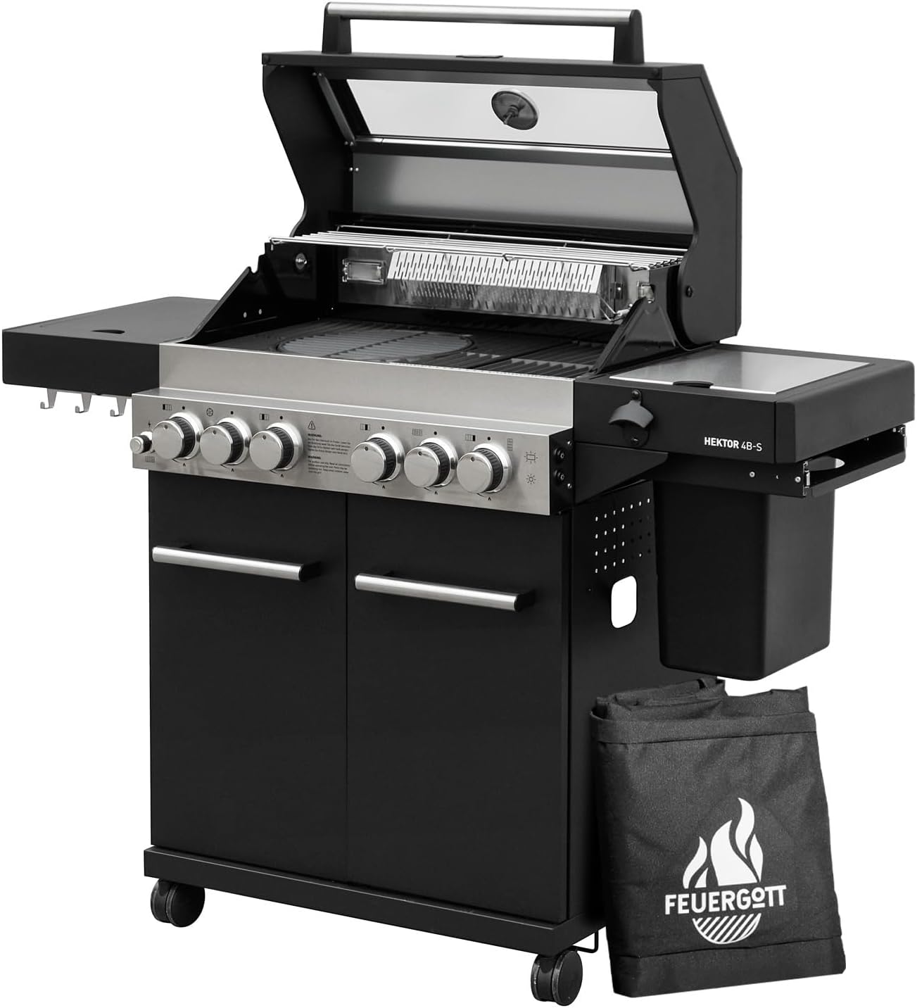 Gasgrill Hektor 4B-S Edelstahl Gasgrillstation 4 Brenner, Infrarot Sear-Brenner, Gusseisen-Grillrost, Heckbrenner, Seitenkocher und Kochplatte Inkl. Abdeckhaube für Garten, Terrasse
