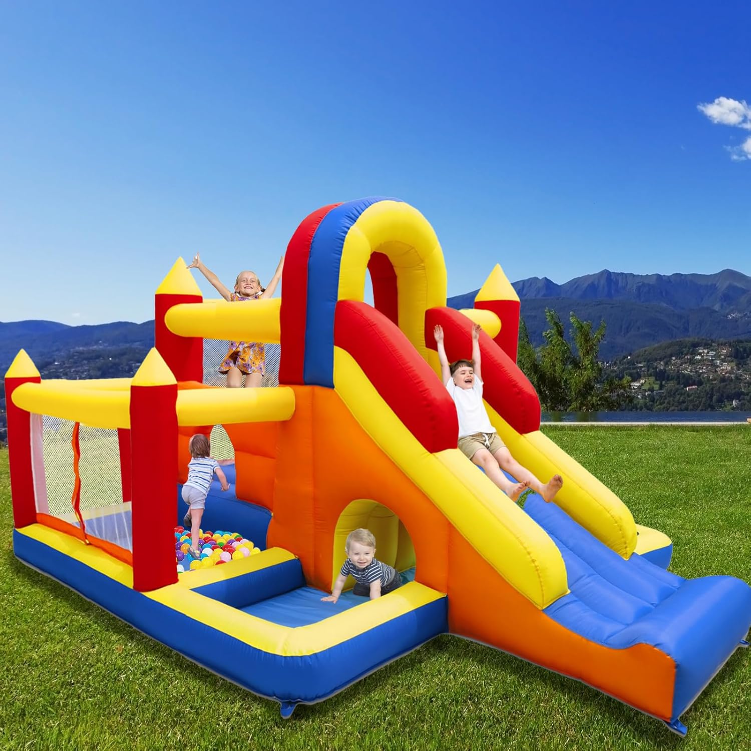 Ballsea Inflatable Castle with Fan - Children's Paradise XXL Indoor with Slide, Safety Net, EN71 Certified for 3-8 Years
